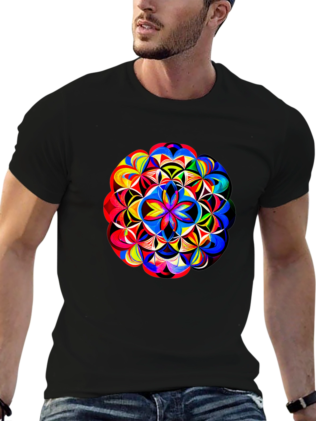 Black Vibrant Geometric Mandala Print Black T-Shirt view 6