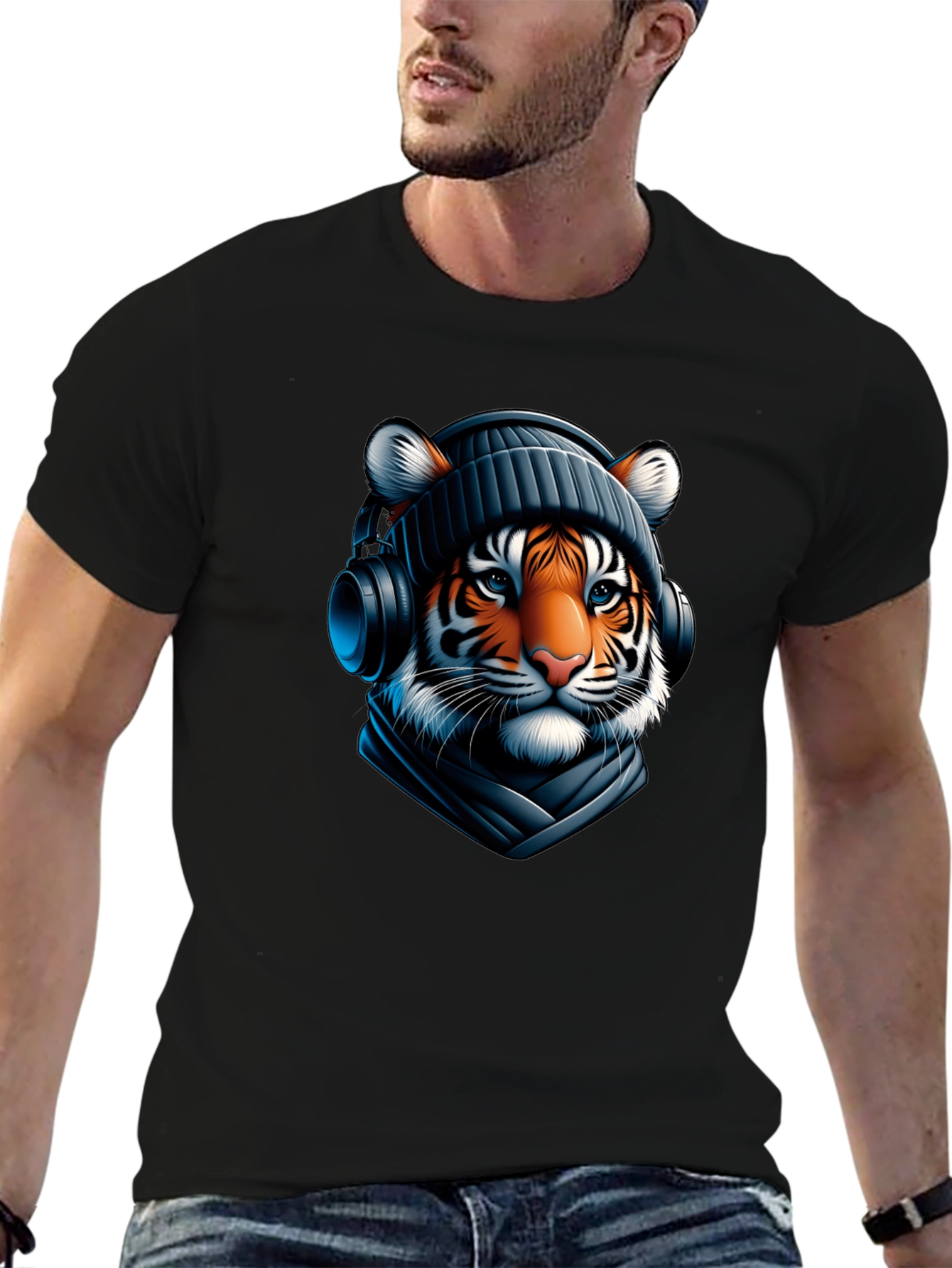 Black Tiger with Headphones Graphic Tee view 6