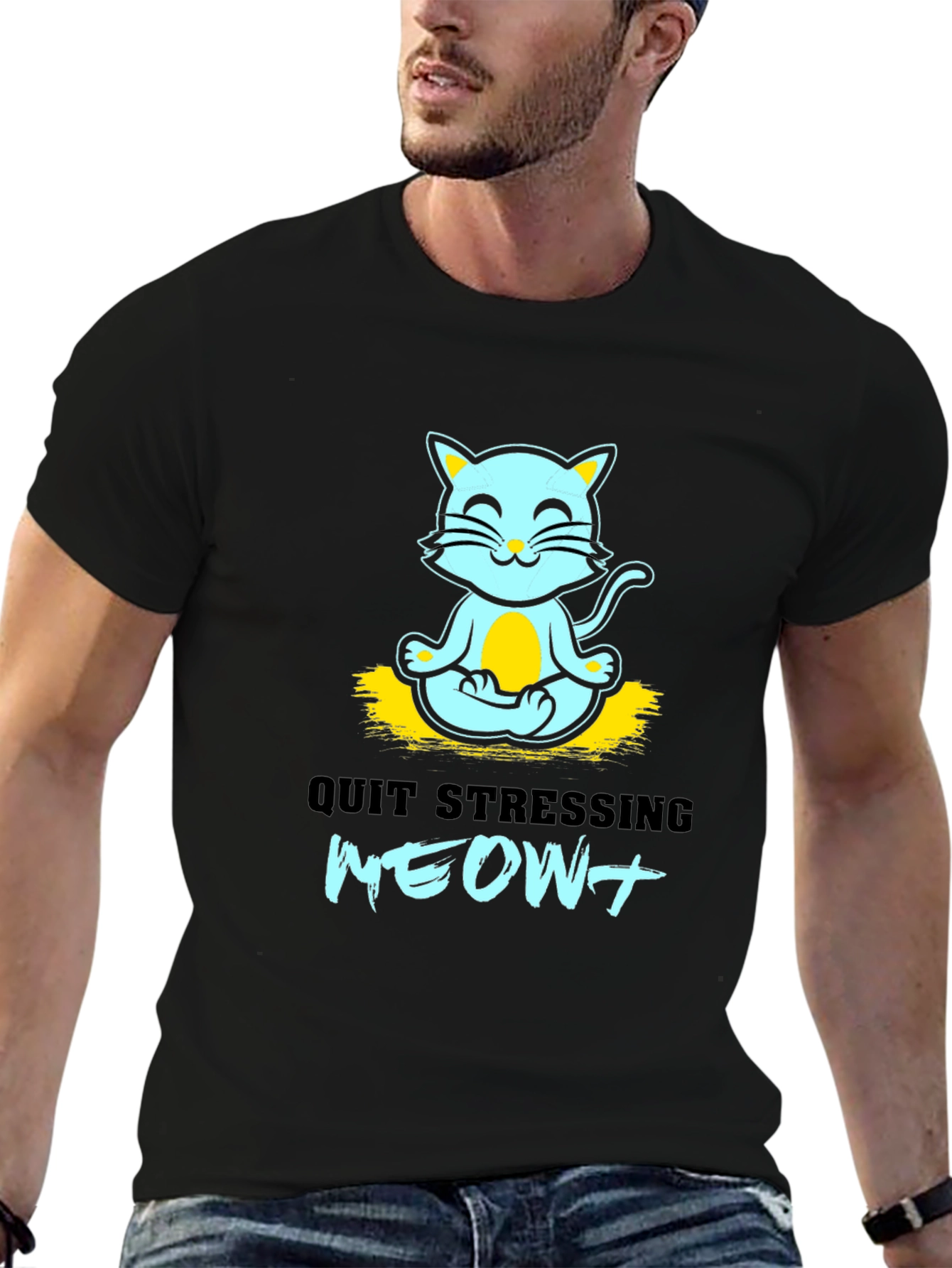 Black Meditating Cat Graphic Tee - Quit Stressing Meow! view 6