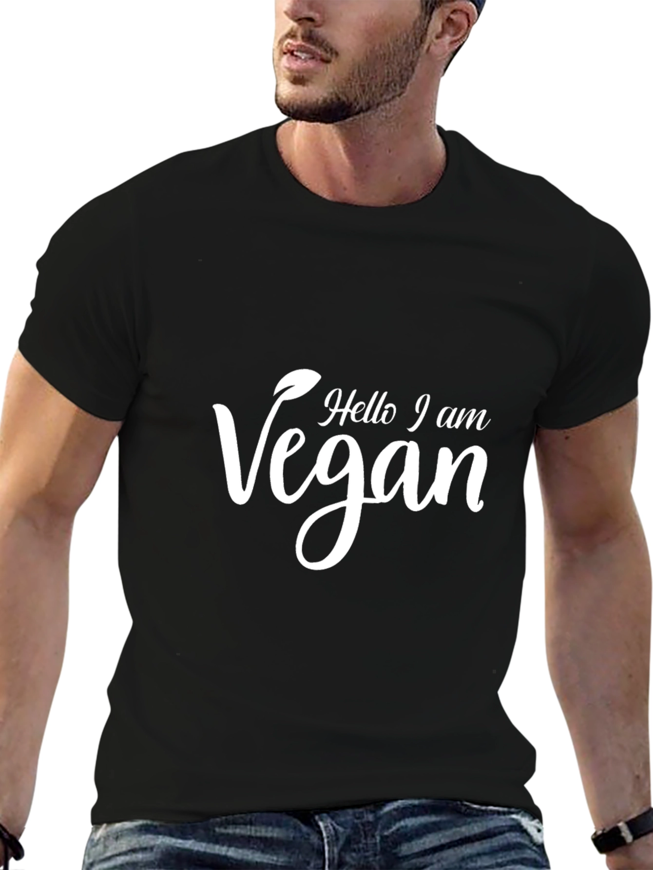 Black Hello I am Vegan Graphic Tee - Black Cotton Blend view 6