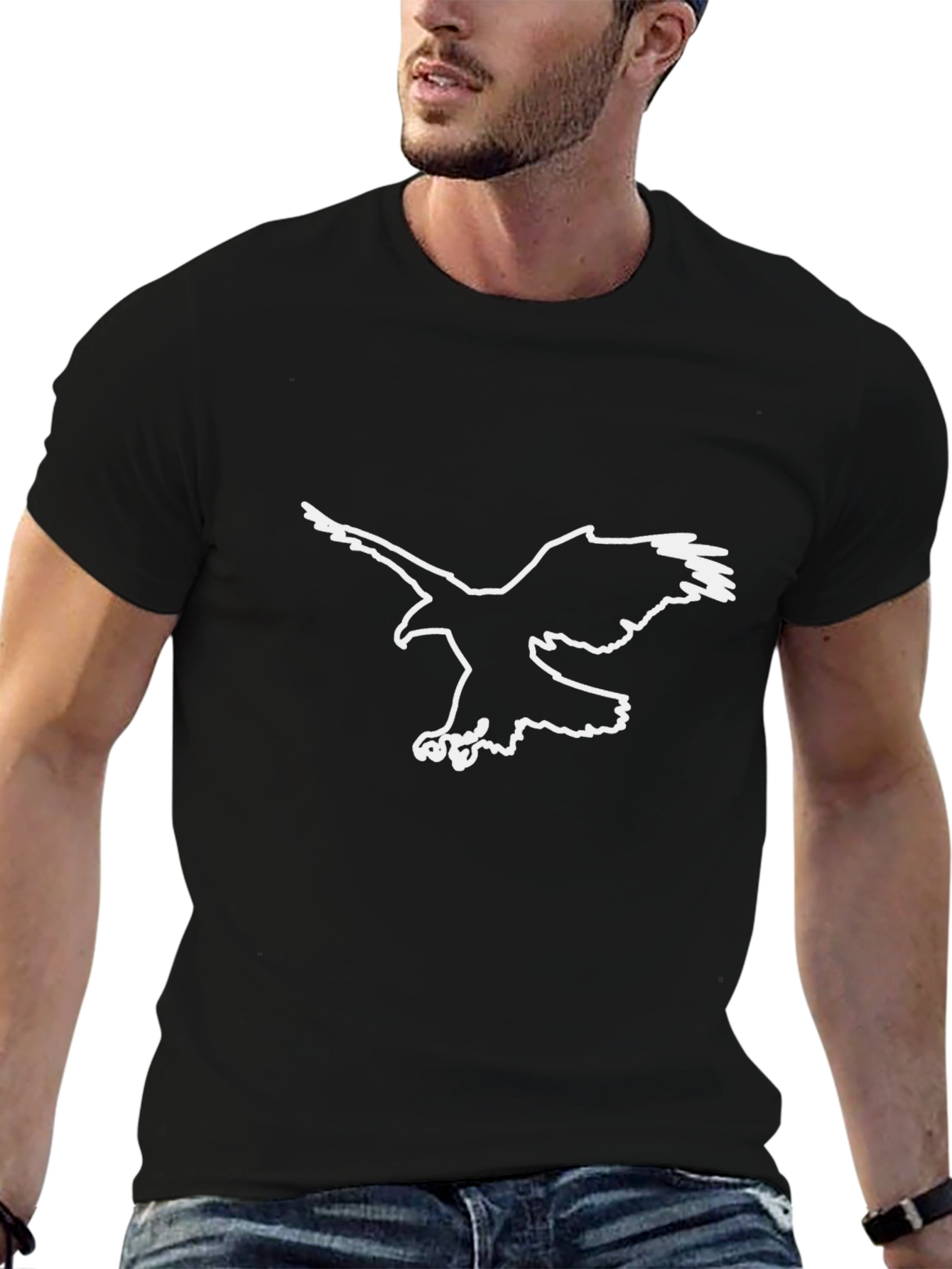 Black Men's Black T-Shirt with Eagle Graphic view 6