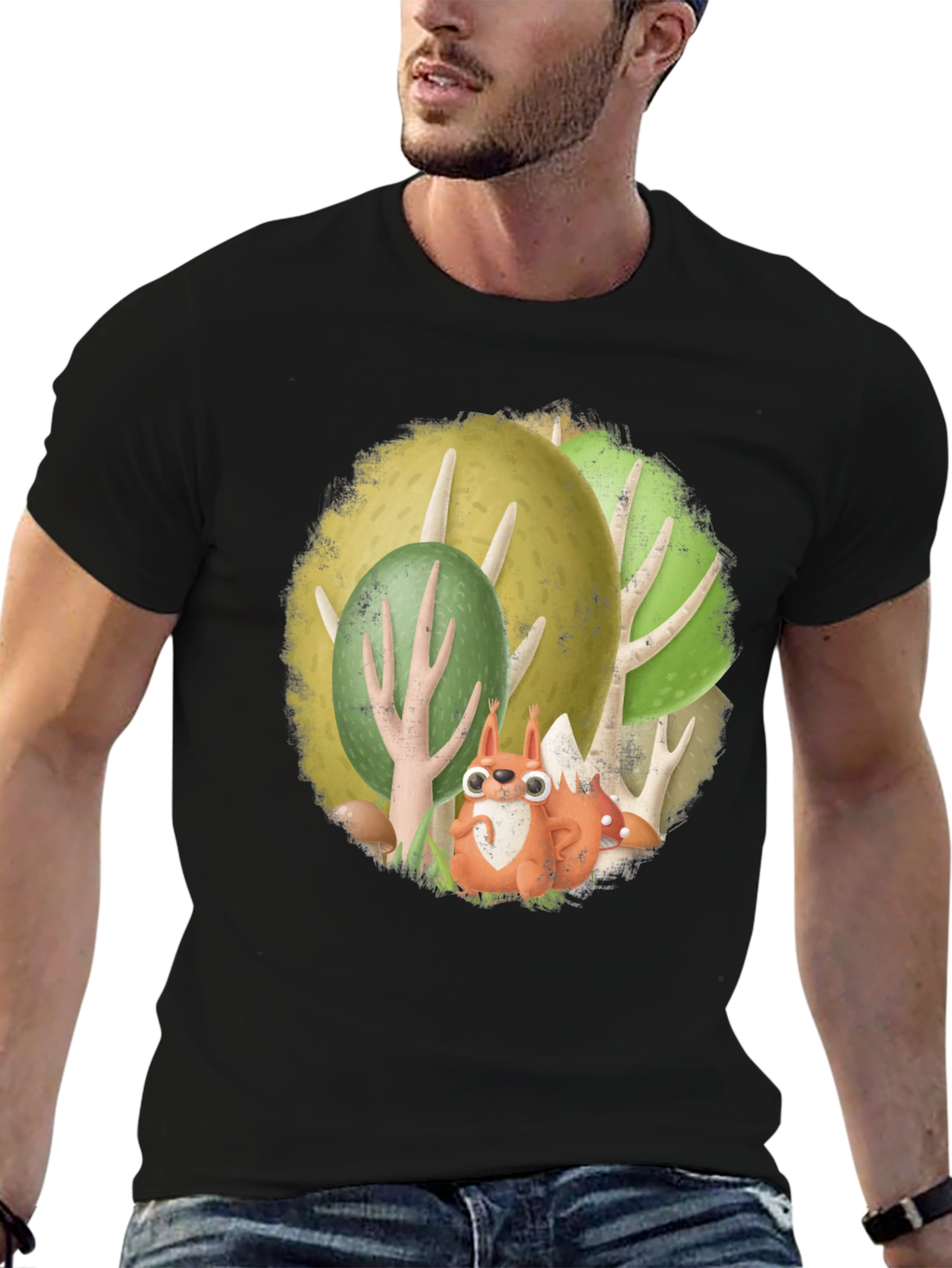 Black Whimsical Squirrel Forest Graphic Tee view 6