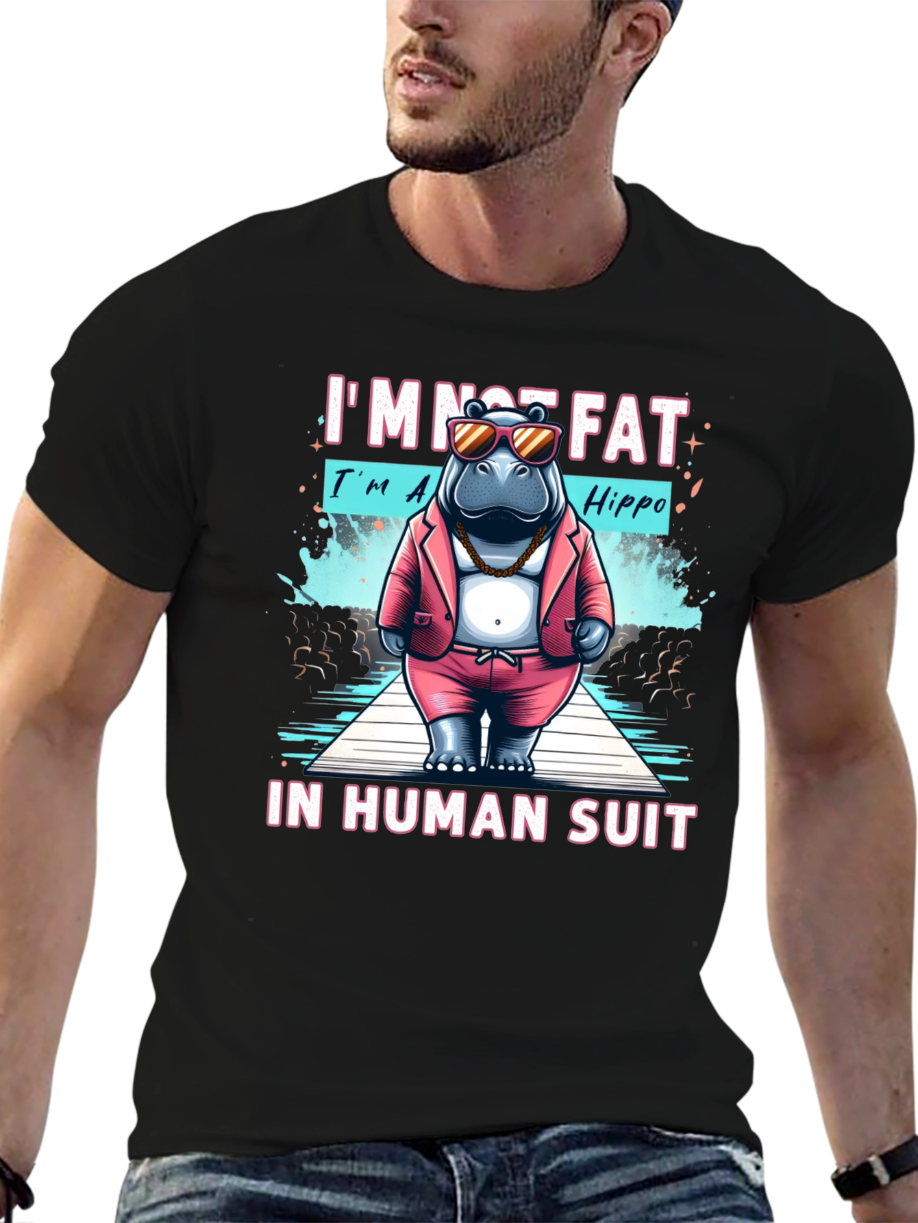 Black Funny Hippo in Human Suit Graphic Tee view 6