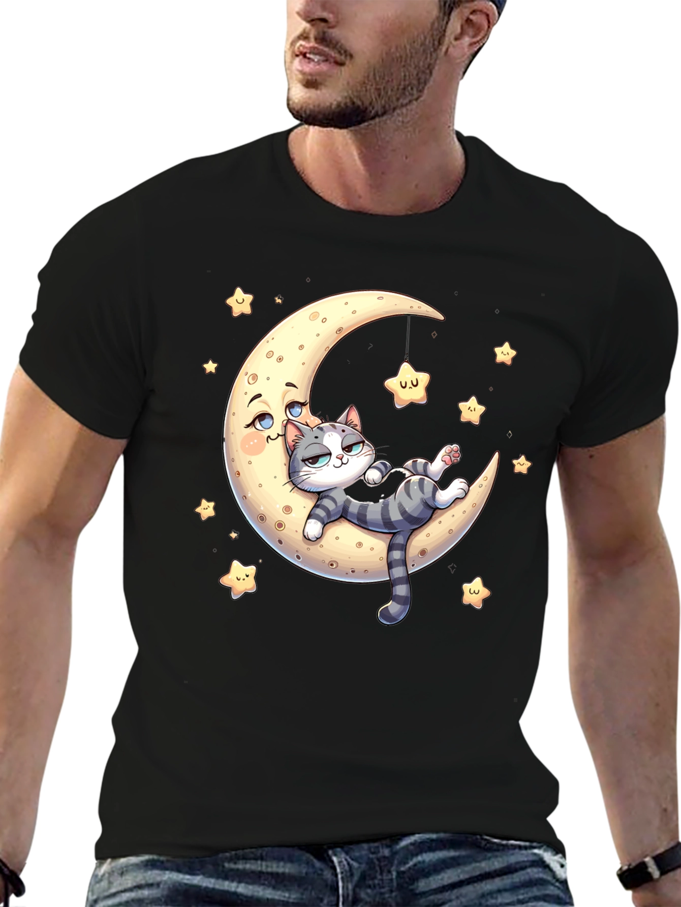Black Cute Cat Moon Graphic T-Shirt view 6