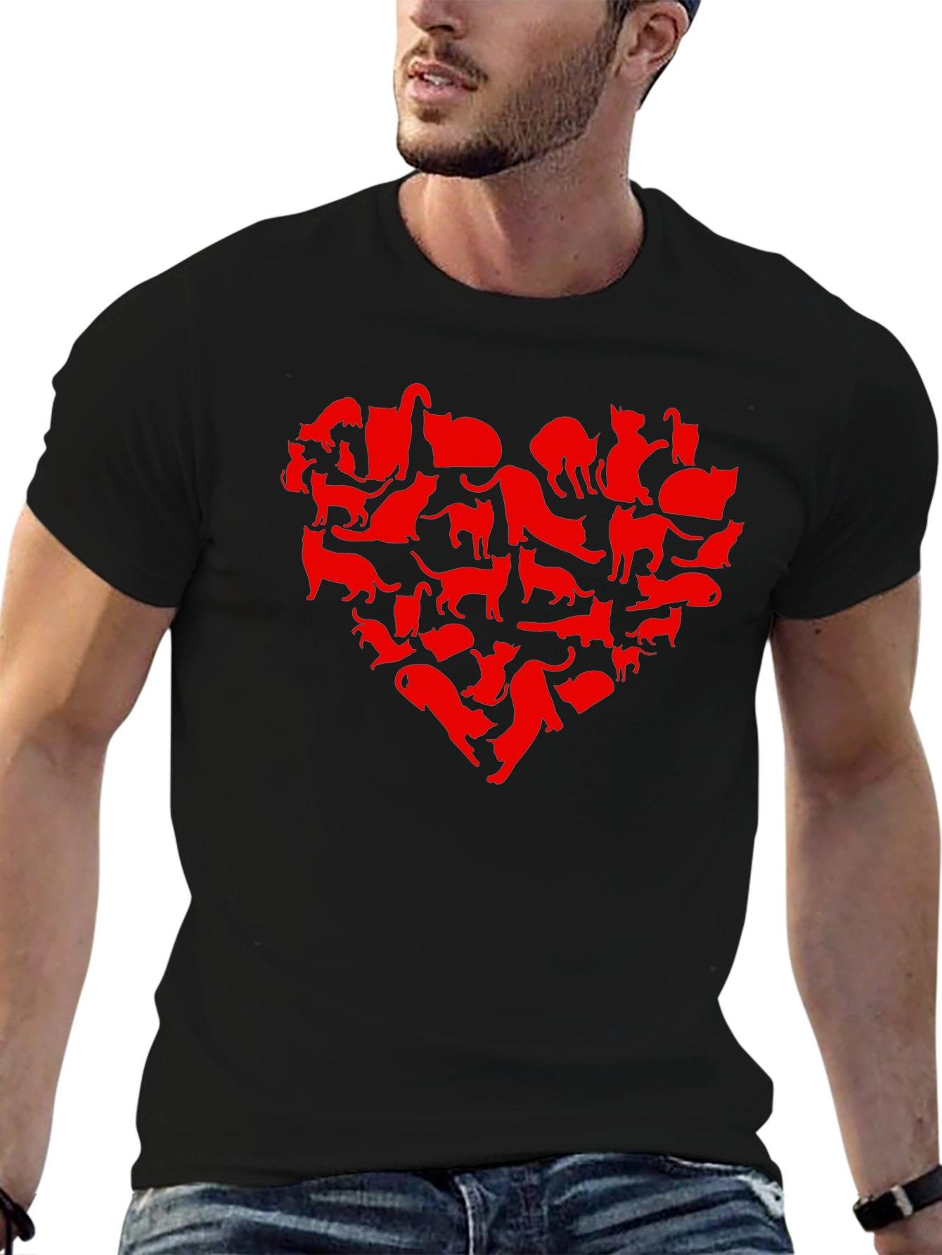 Black Cat Heart T-Shirt - Black Crew Neck Animal Lover Tee view 6