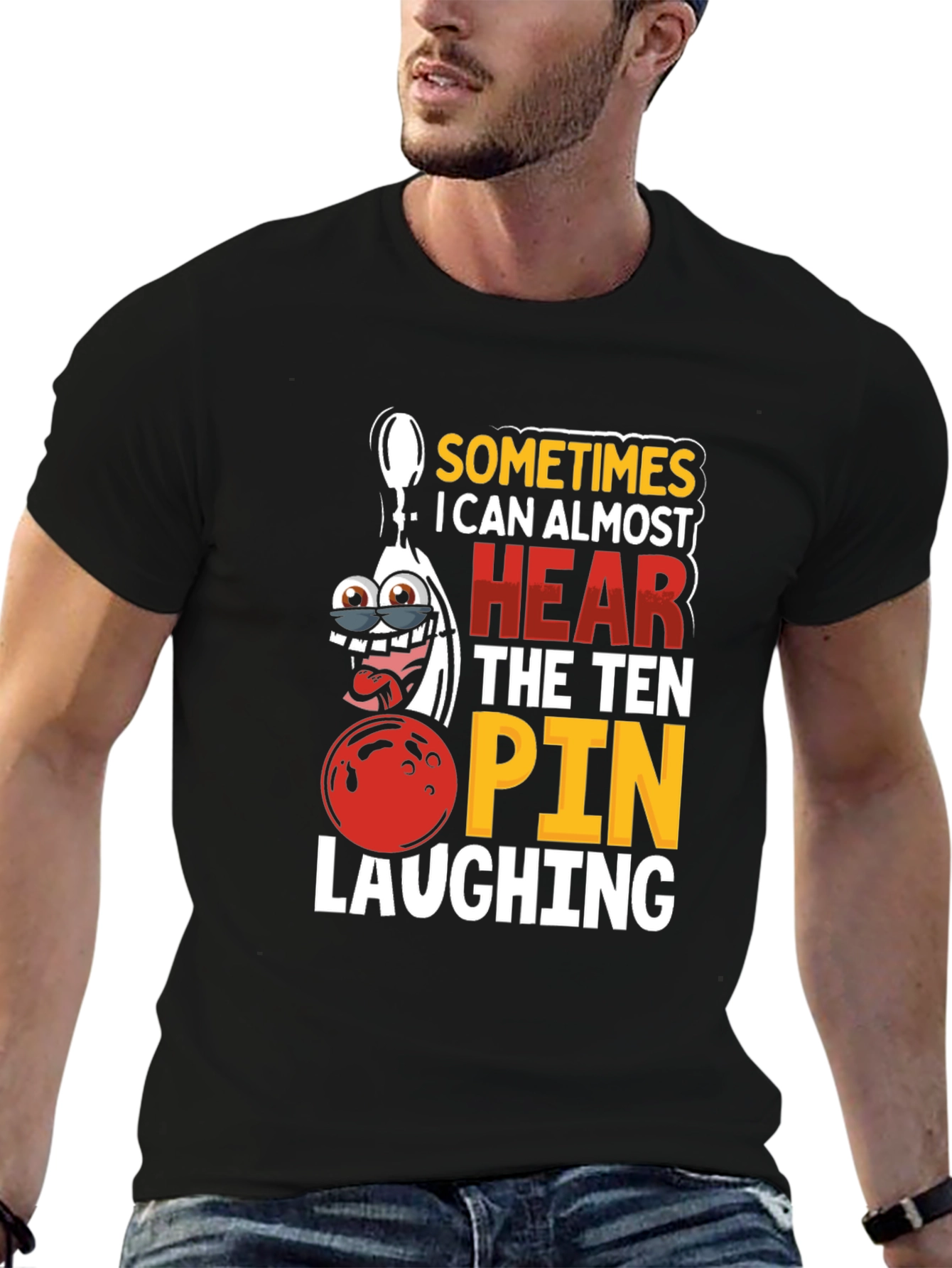 Black Funny Bowling T-Shirt: Ten Pin Laughing Graphic Tee view 6