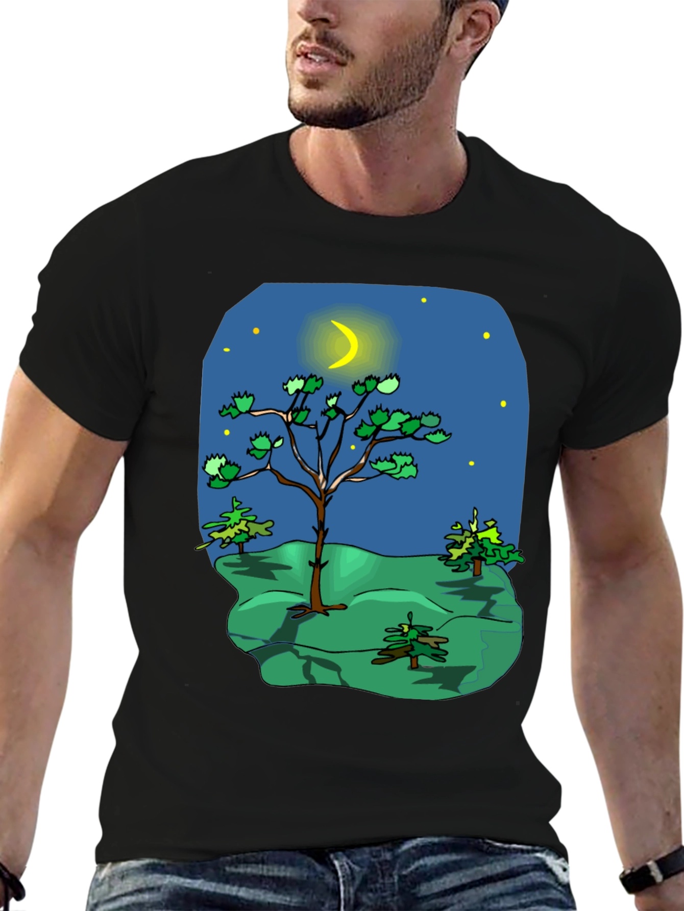 Black Cartoon Nature Scene Black T-Shirt view 6