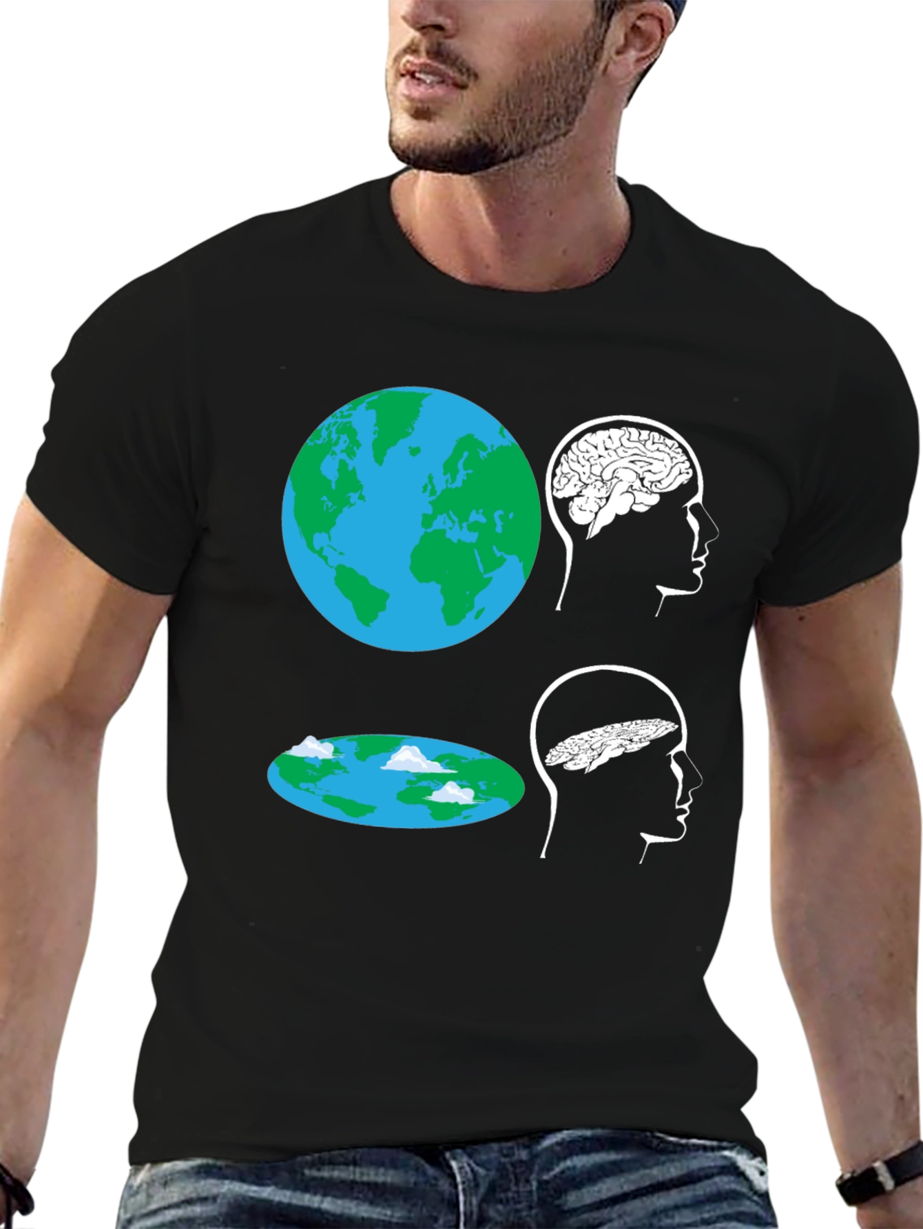 Black Flat Earth Brain Tee: Round vs. Flat Mindset T-Shirt view 6