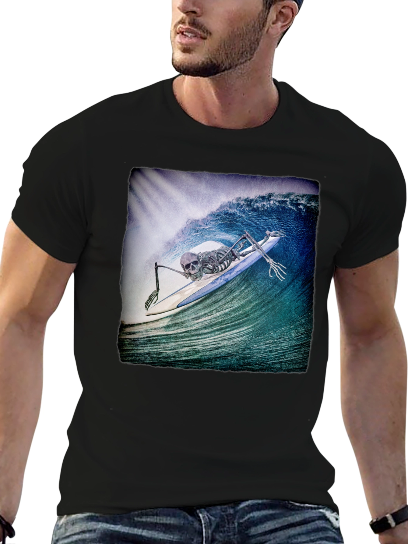 Black Skeleton Surfer T-Shirt - Black Crew Neck Tee view 6