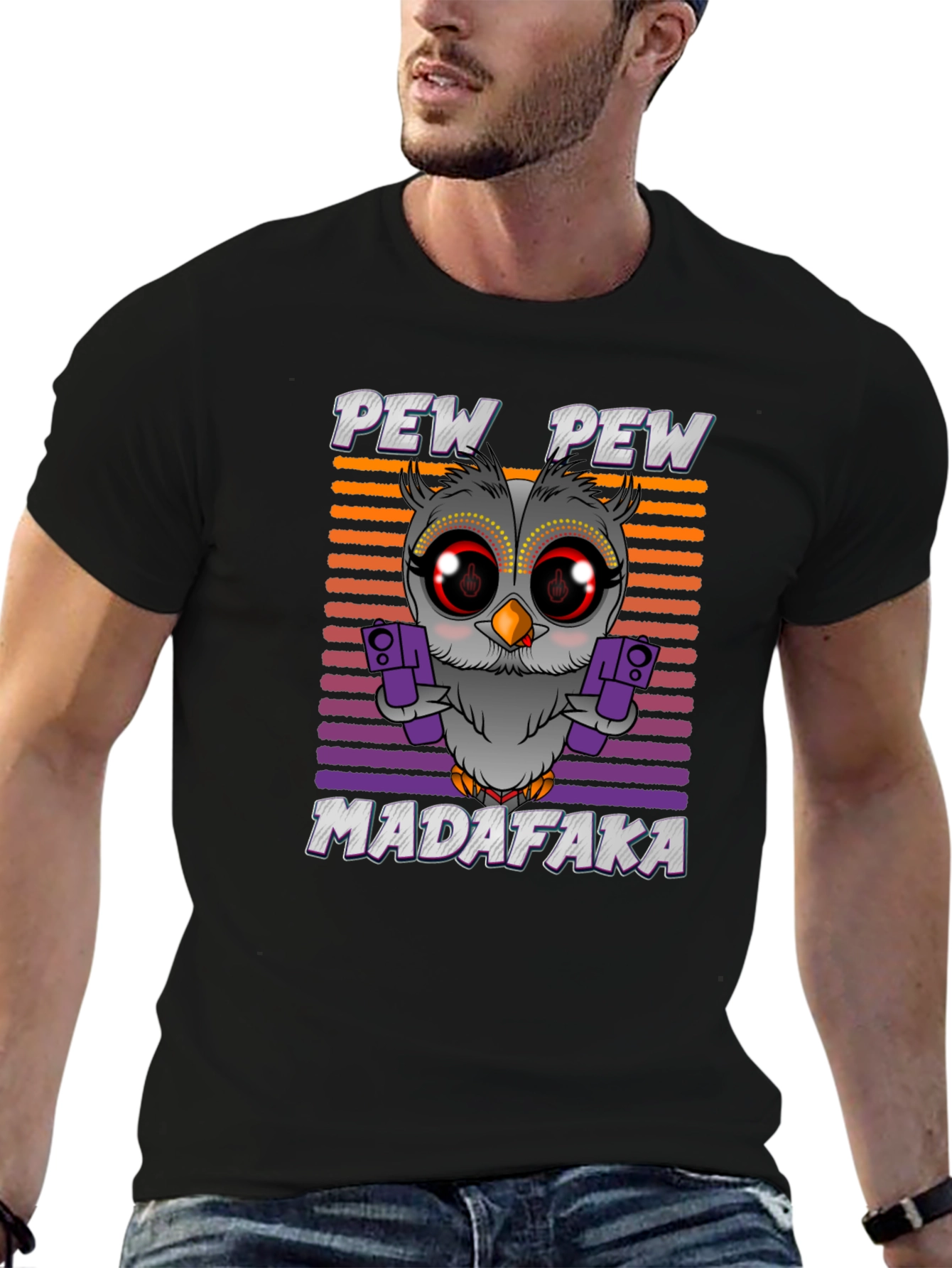 Black Pew Pew Madafaka Owl Graphic T-Shirt view 6