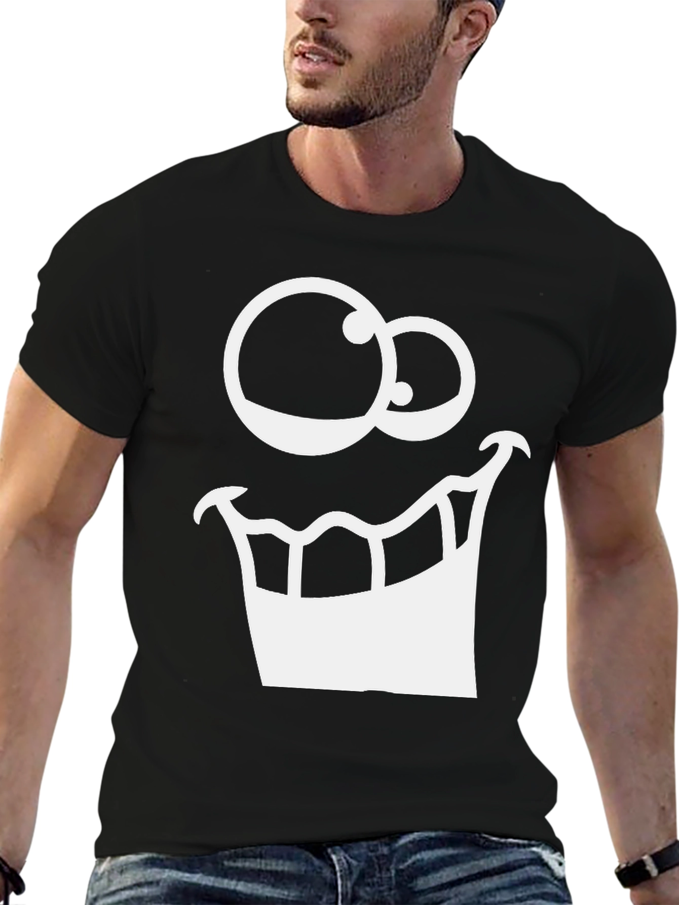 Black Cartoon Face Graphic Tee - Black Cotton T-Shirt view 6