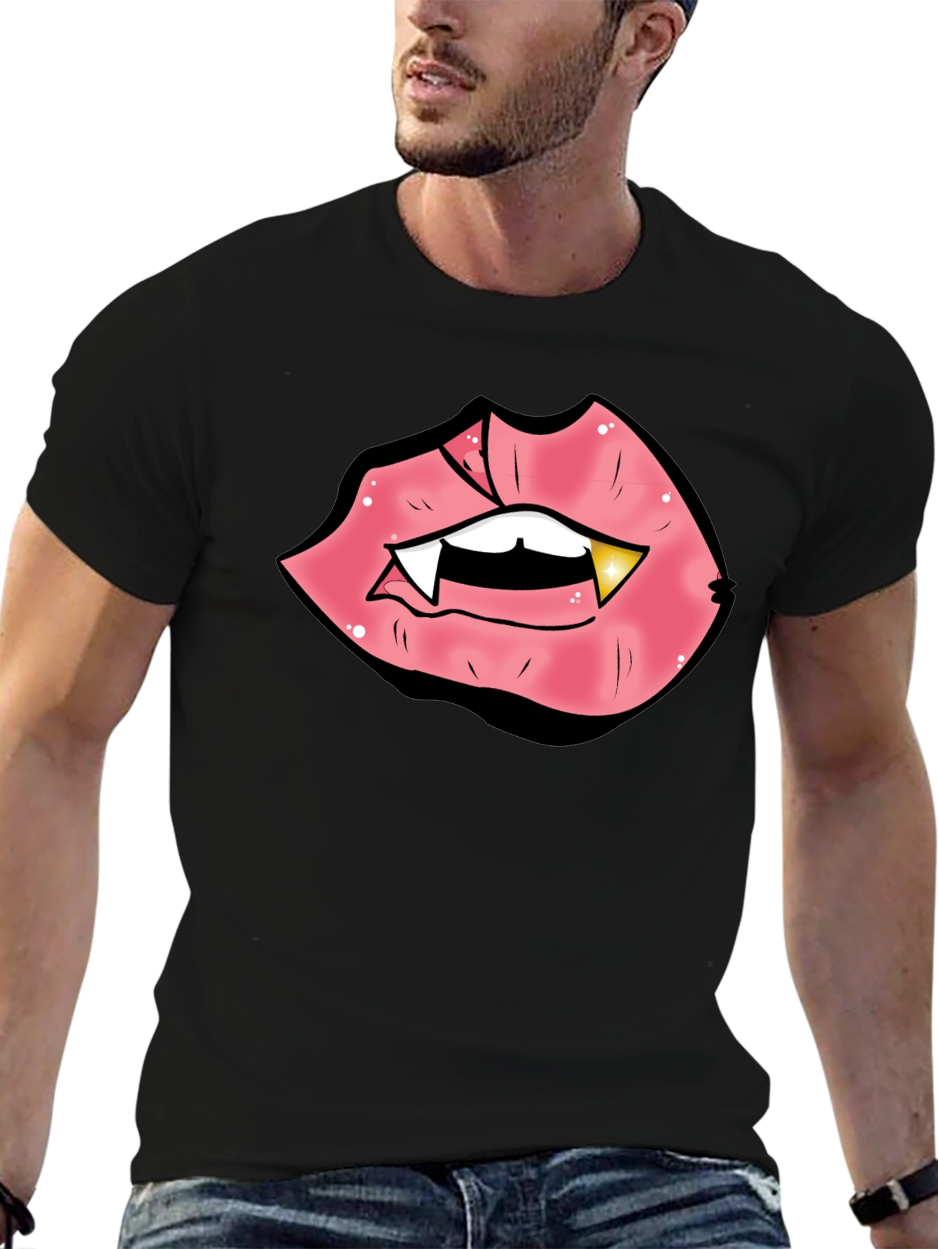 Black Vampire Lips Graphic Tee - Black Cotton Blend view 6