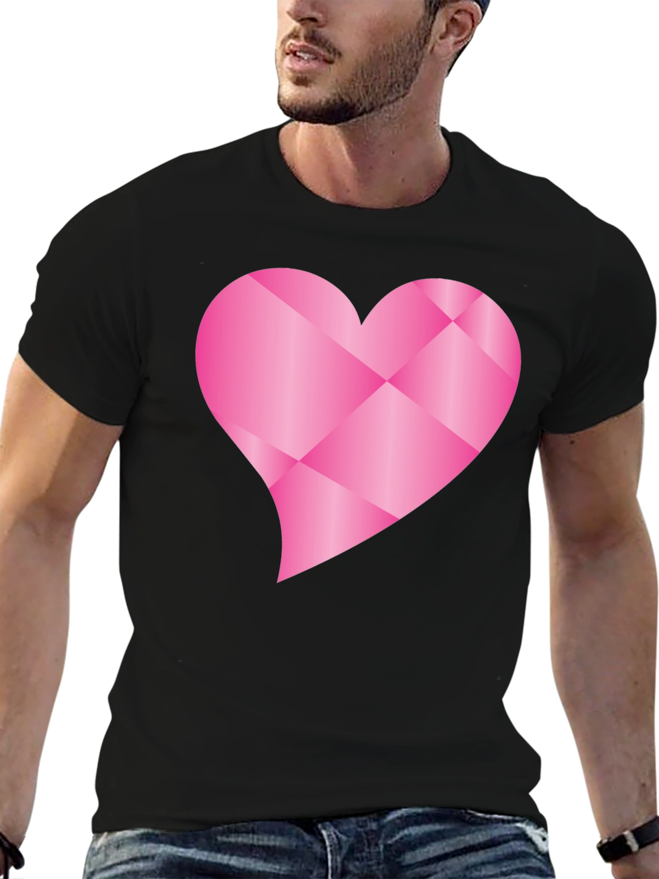 Black Geometric Pink Heart Graphic Black T-Shirt view 6