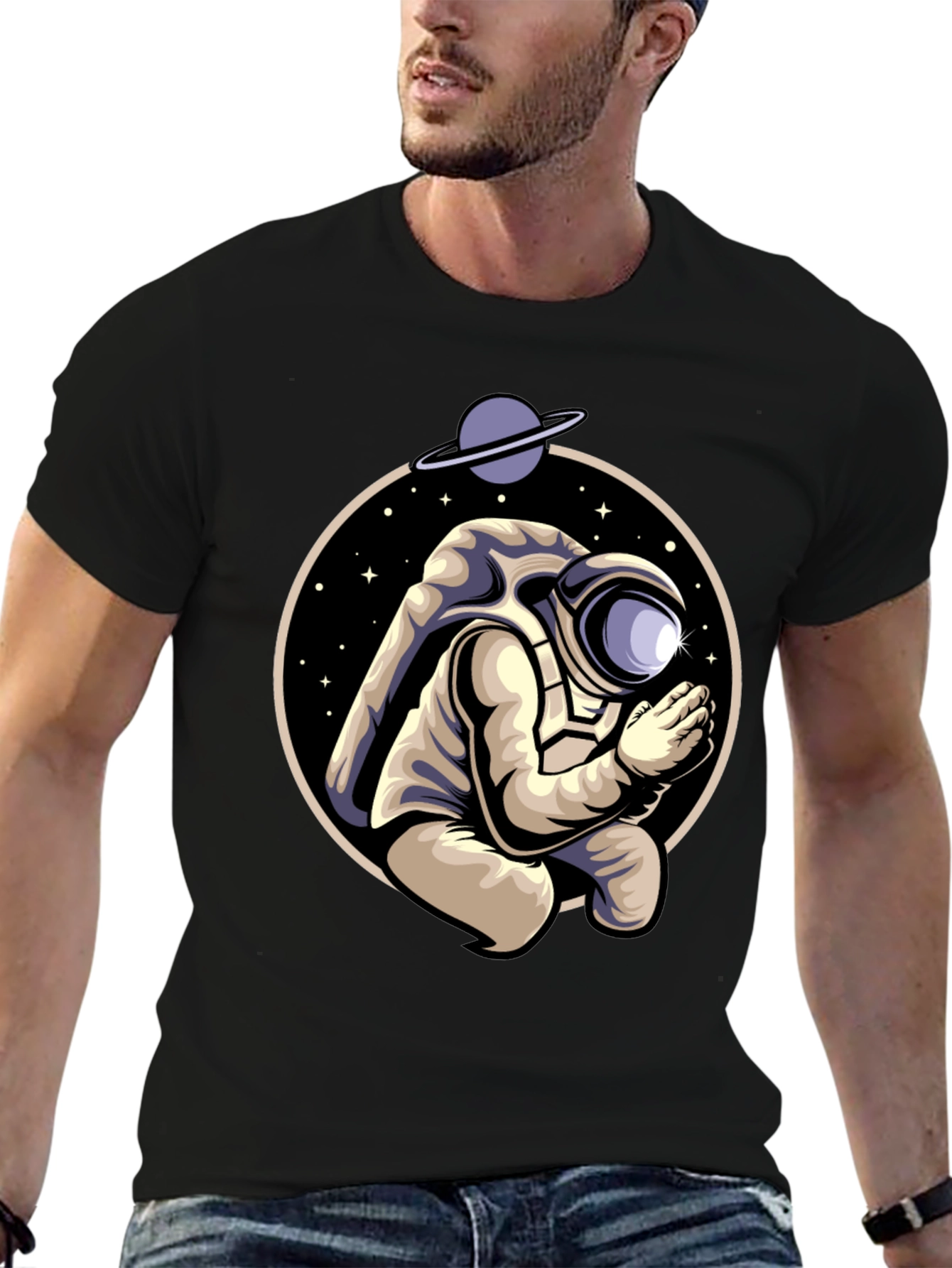 Black Praying Astronaut Graphic Tee - Unique Space Design view 6