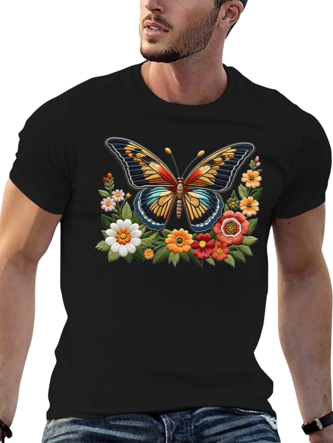 Black Butterfly Floral Graphic Print Black T-Shirt view 6