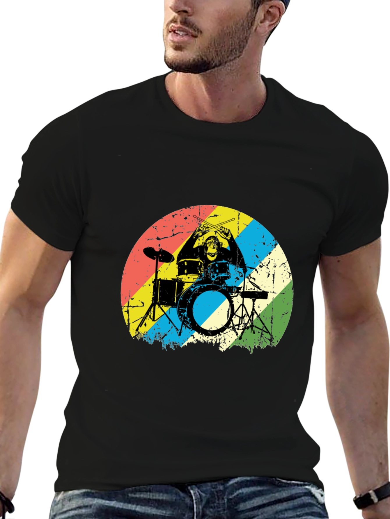 Black Monkey Drummer Graphic Tee - Retro Style Black T-Shirt view 6