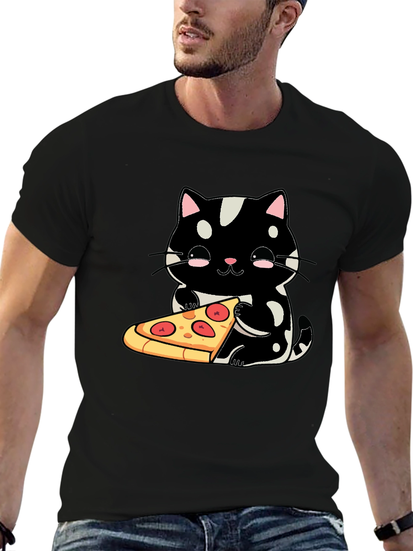 Black Cute Cat Pizza Graphic Tee - Black Cotton T-Shirt view 6