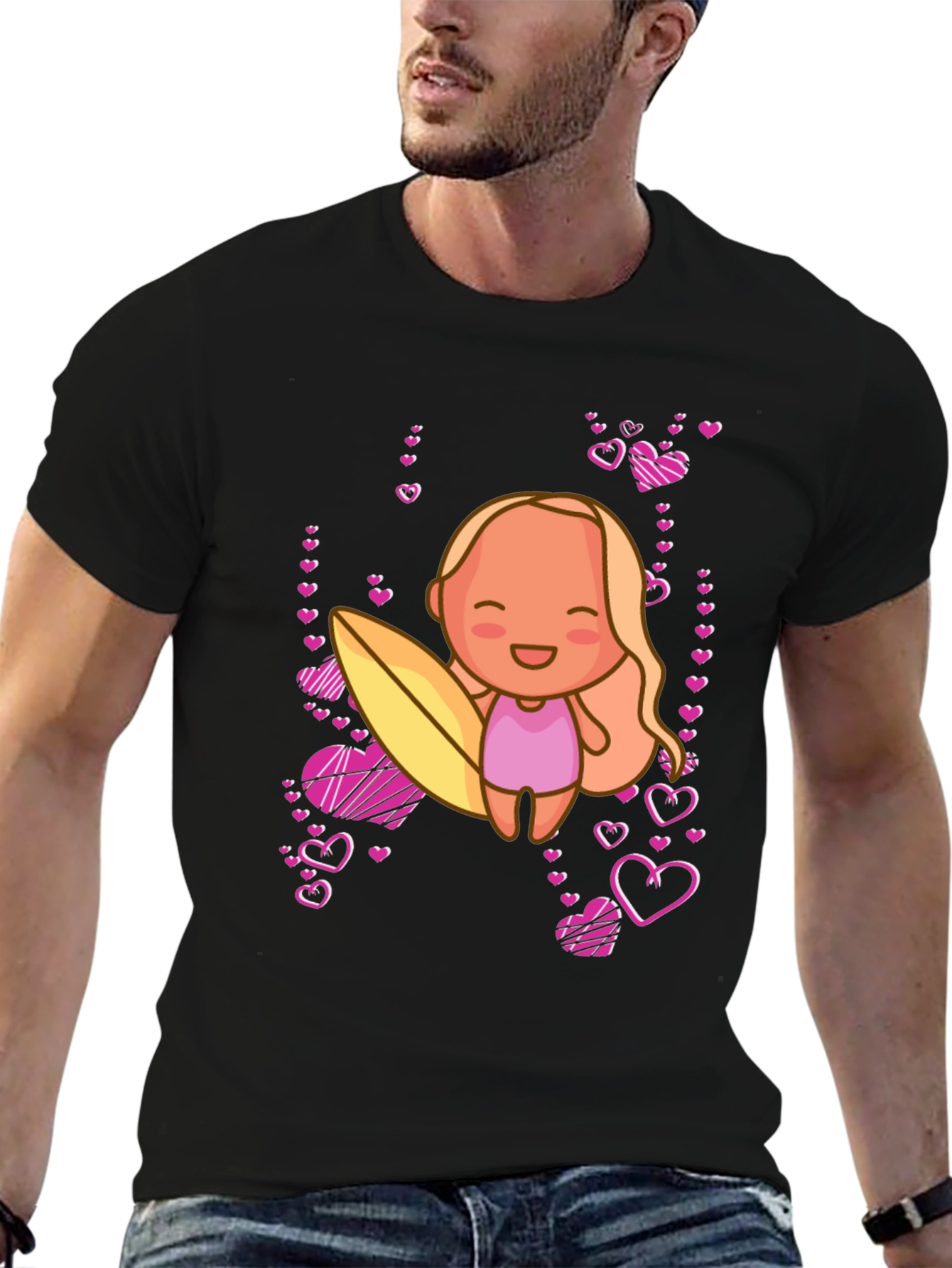 Black Cute Surfer Girl with Hearts Black T-Shirt view 6