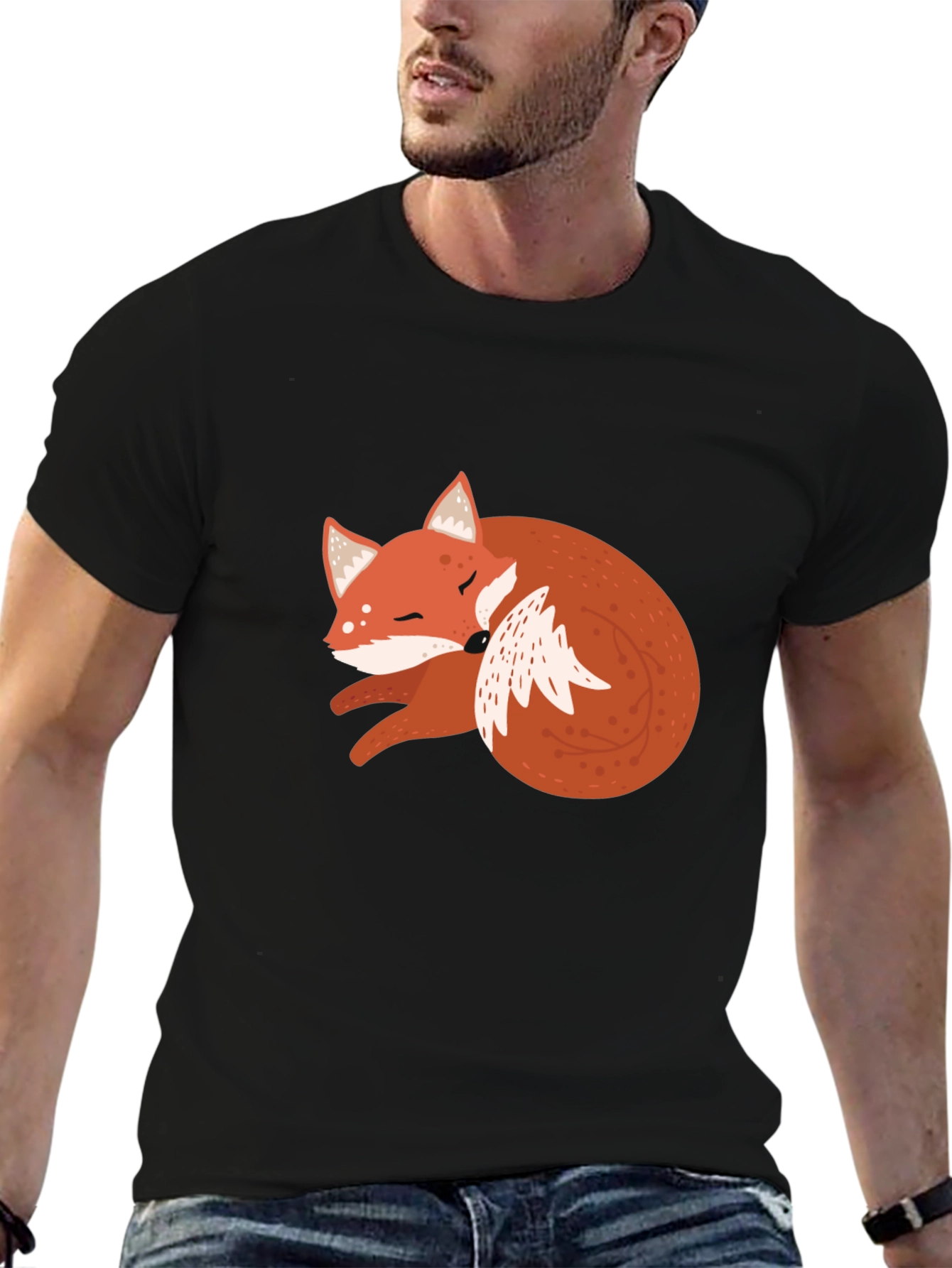 Black Cute Fox Graphic Tee - Soft Black Cotton T-Shirt view 6