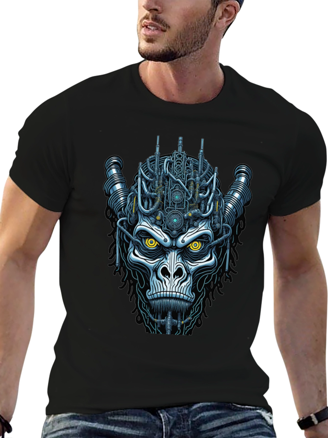 Black Cyberpunk Gorilla Graphic Tee - Unique Sci-Fi Design view 6