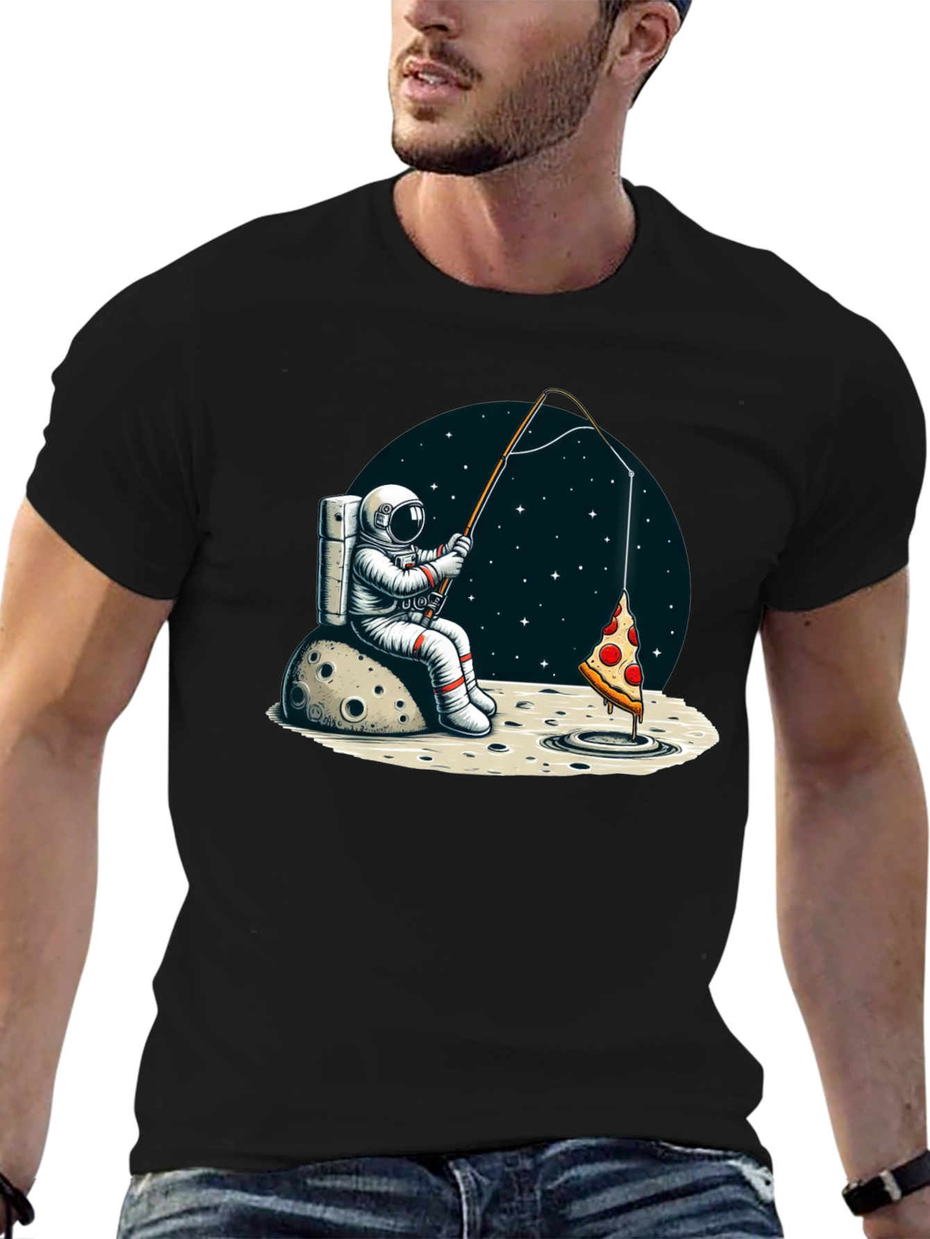 Black Astronaut Fishing for Pizza T-Shirt view 6