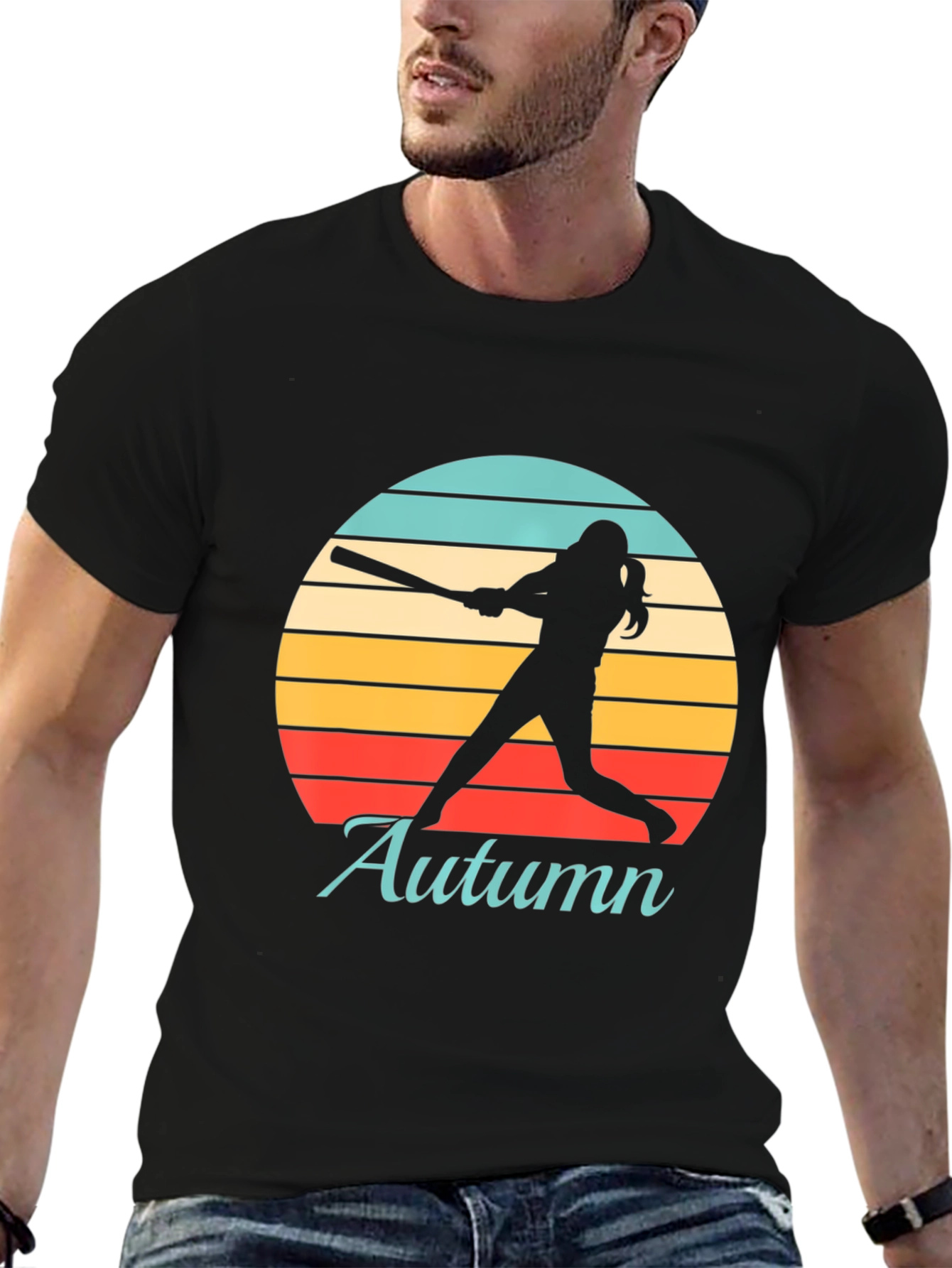 Black Autumn Softball T-Shirt Retro Sunset Silhouette view 6