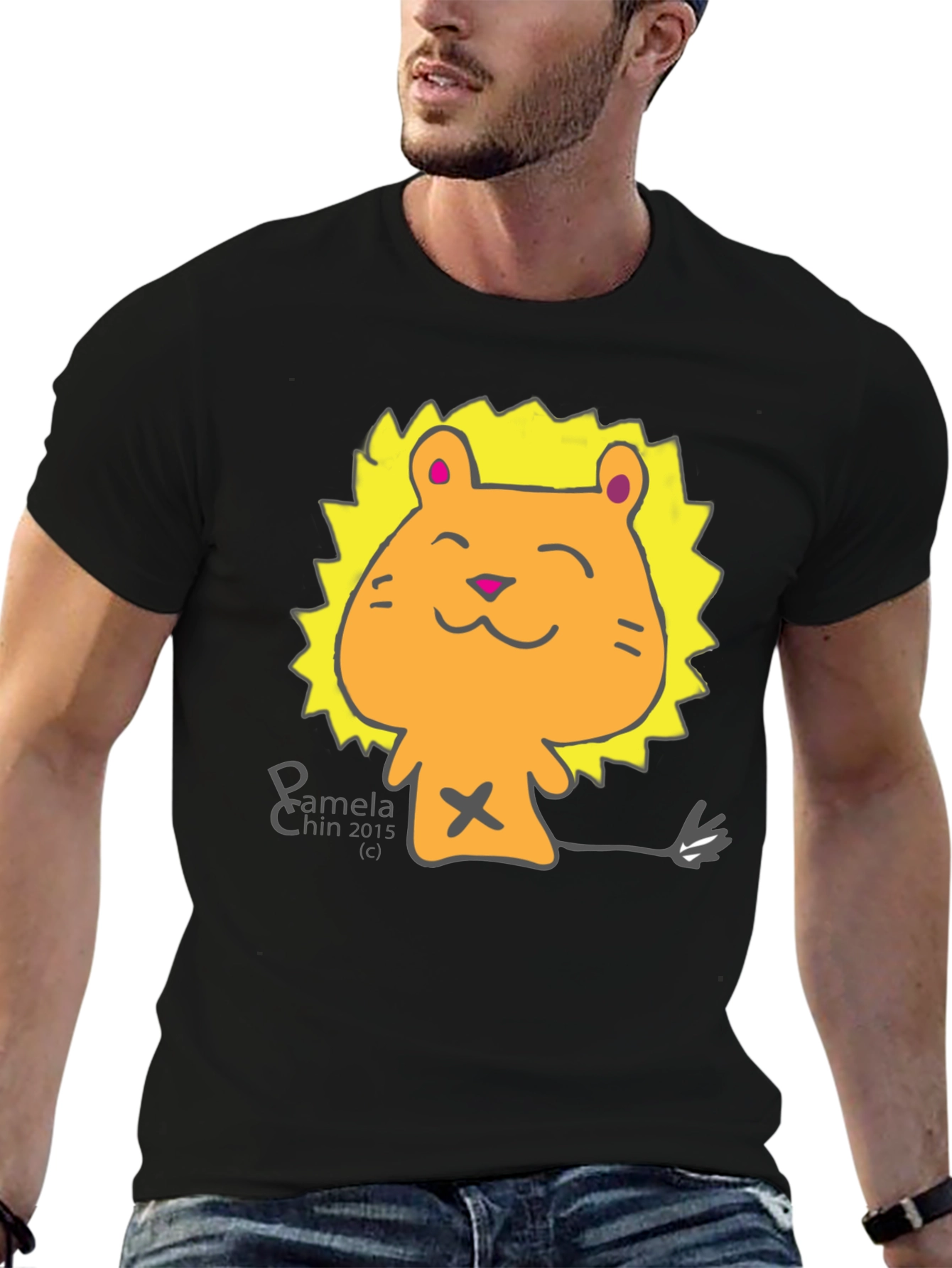 Black Cute Lion Cartoon Black T-Shirt view 6