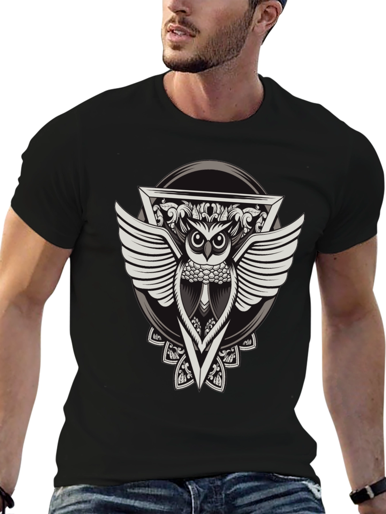 Black Owl Graphic Print Black T-Shirt view 6