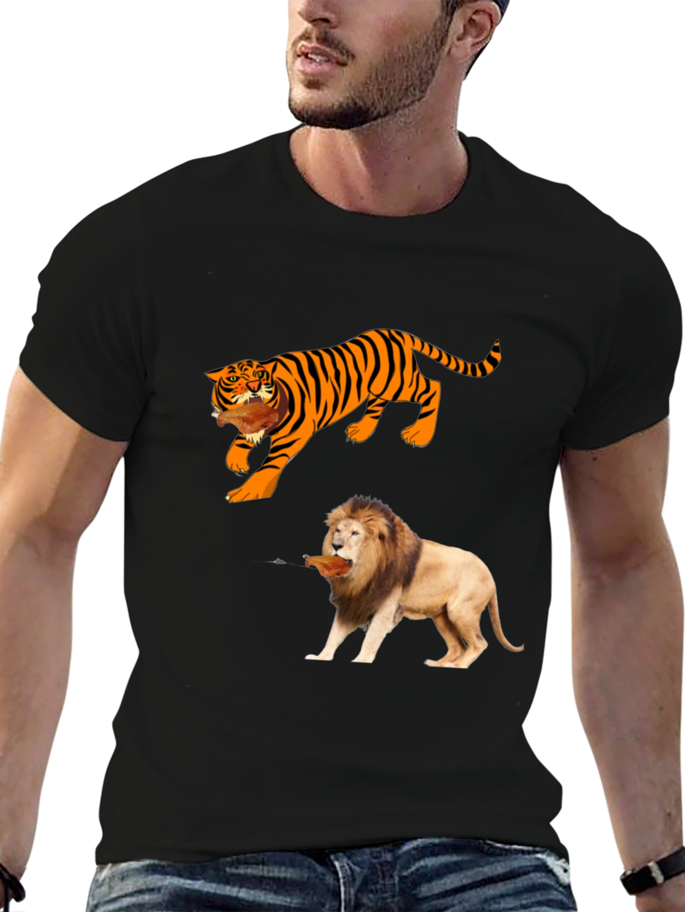 Black Tiger & Lion Graphic Tee - Black Cotton T-Shirt view 6