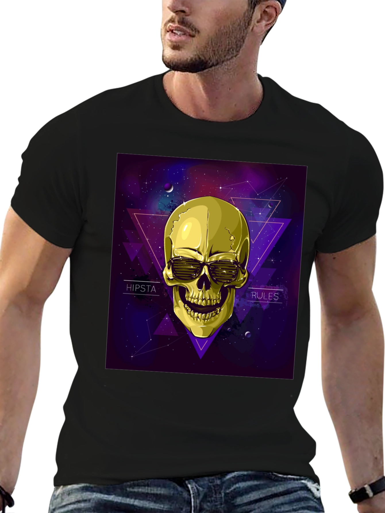 Black Hipster Skull Graphic Tee - Black view 6