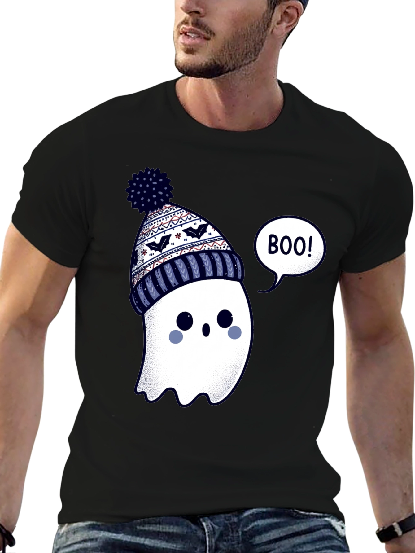 Black Cute Ghost in Beanie T-Shirt - Halloween Style view 6