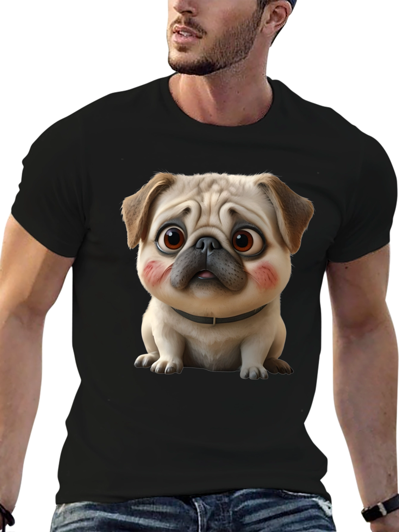 Black Cute Cartoon Pug Dog Black T-Shirt view 6