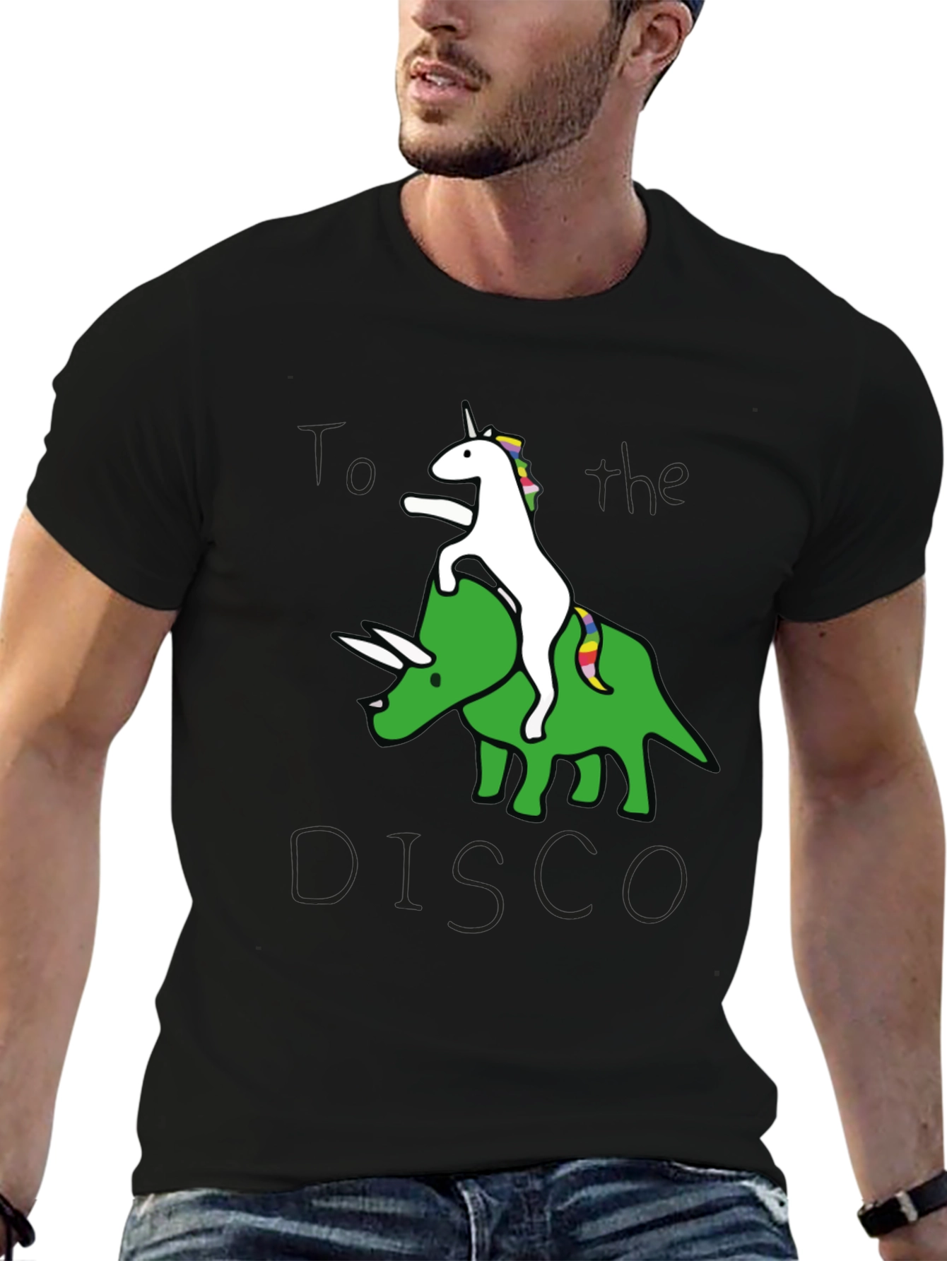 Black Unicorn Riding Triceratops to the Disco Graphic Tee view 6