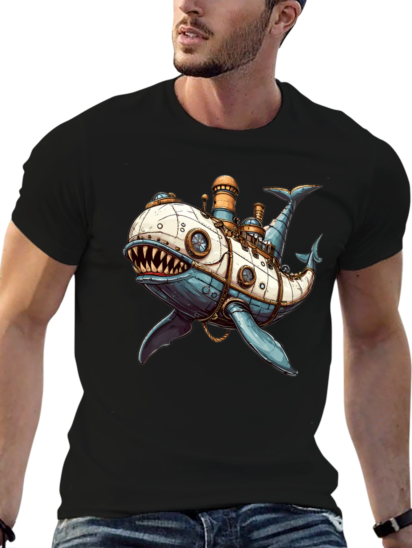 Black Steampunk Whale T-Shirt - Unique Design view 6