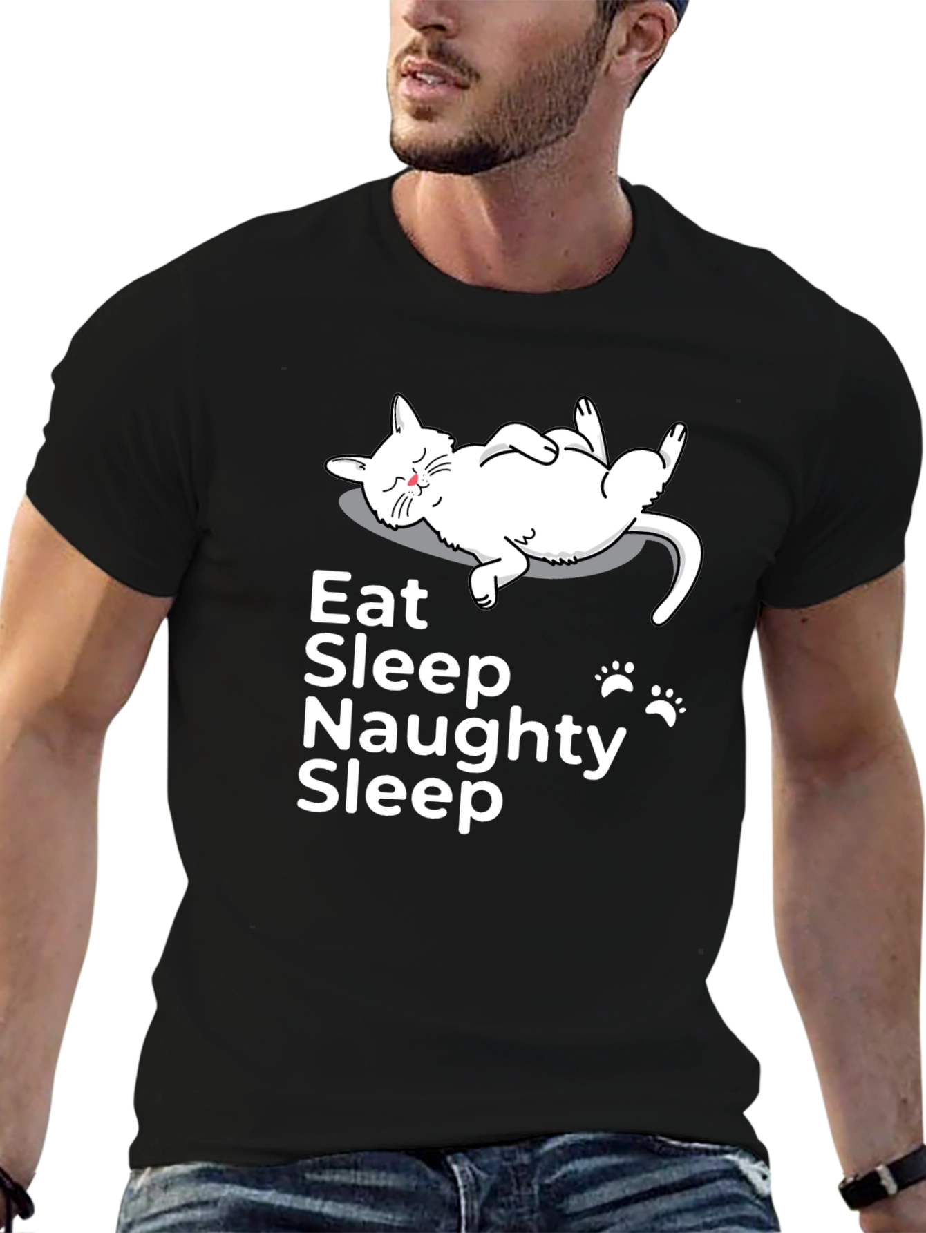Black Eat Sleep Naughty Sleep Cat Graphic Tee view 6