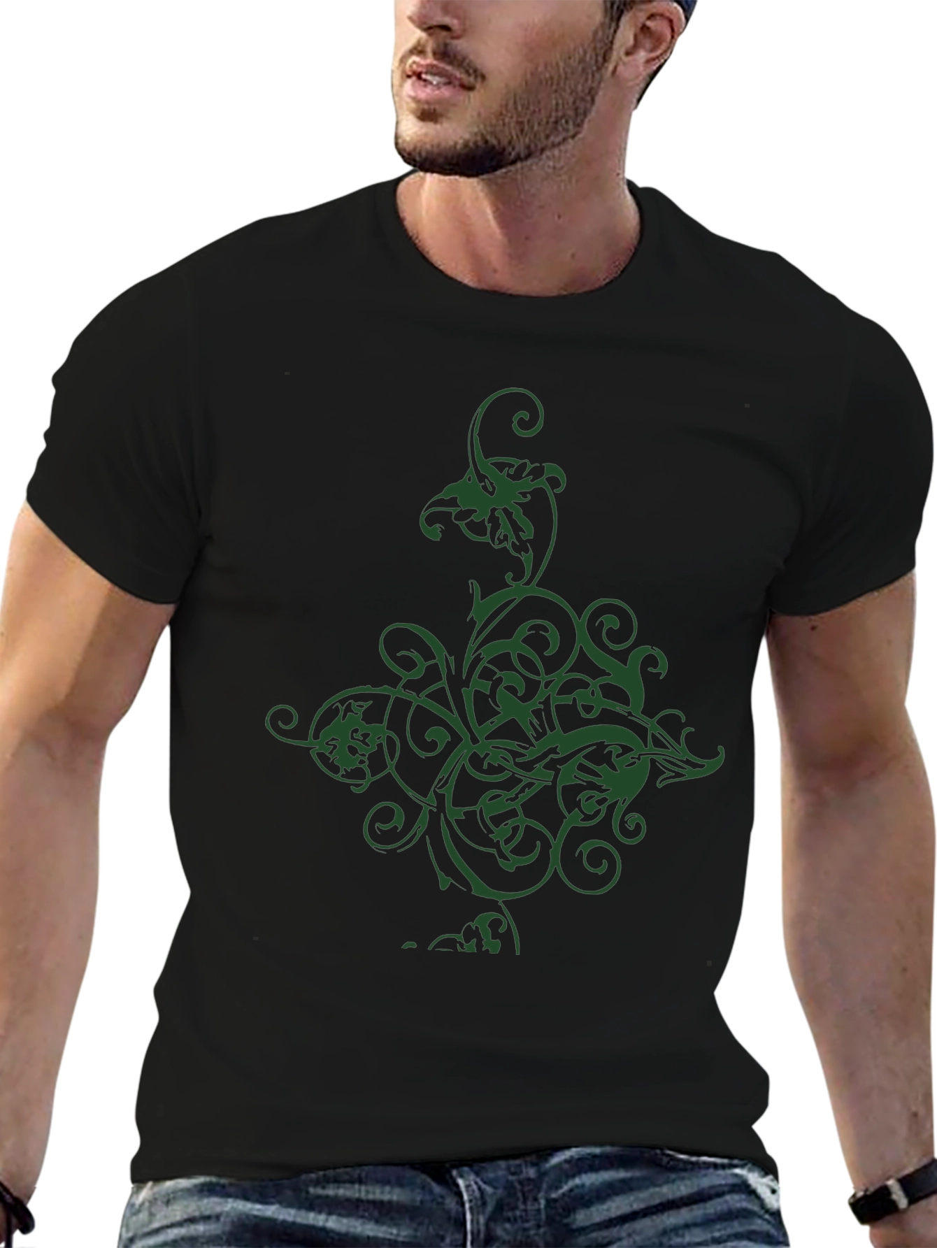 Black Men's Black T-Shirt with Green Floral Graphic view 6