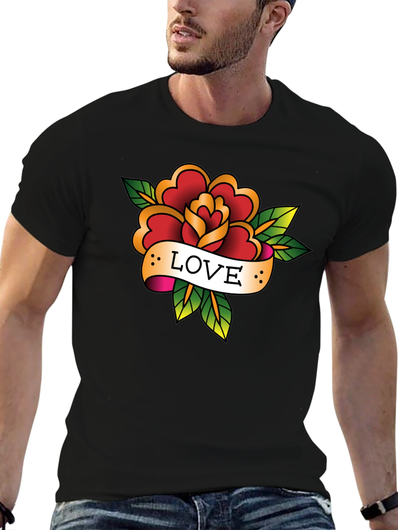 Black Love Rose Tattoo Style Black Graphic Tee view 6