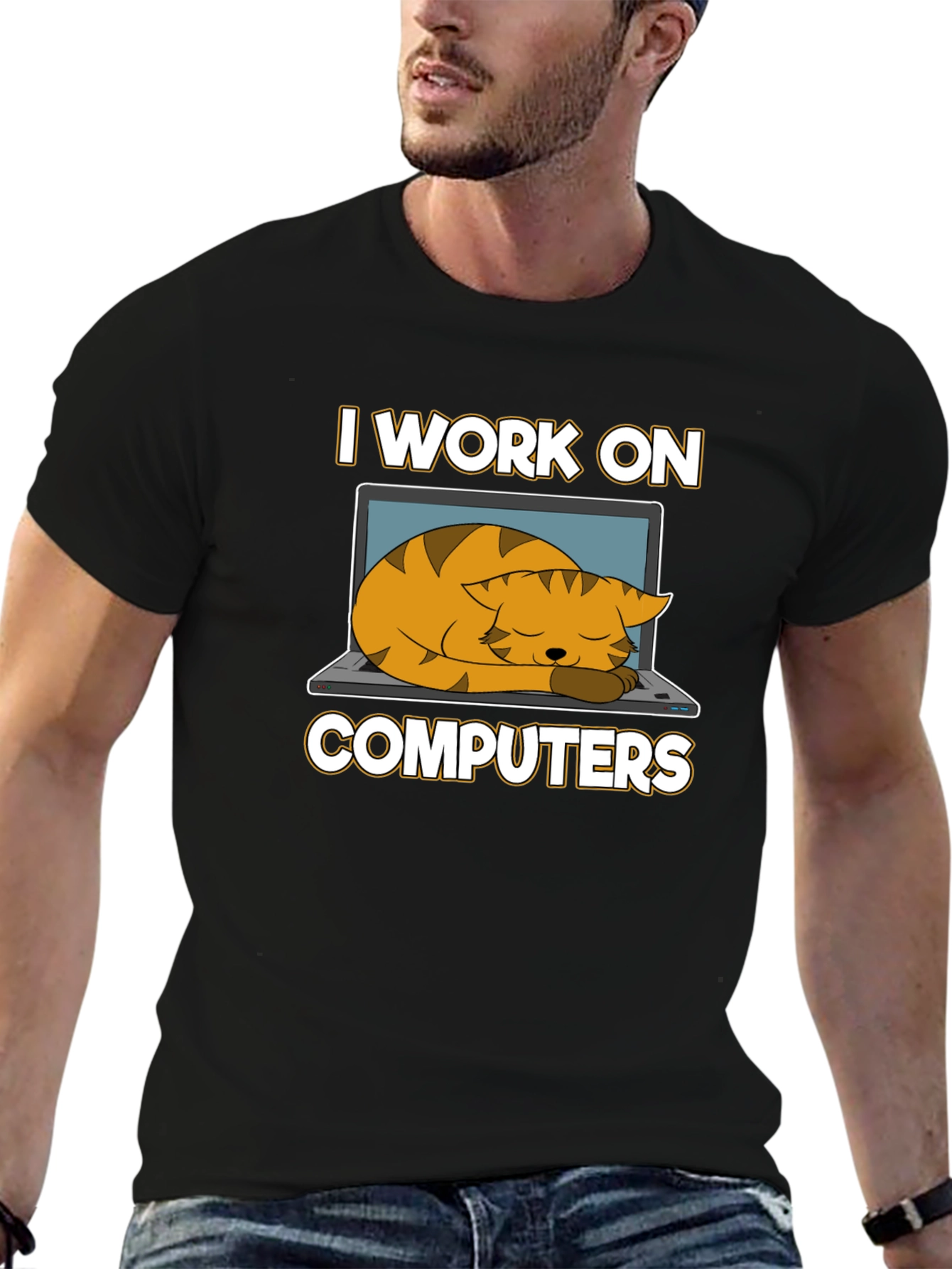 Black I Work On Computers Cat Nap T-Shirt view 6