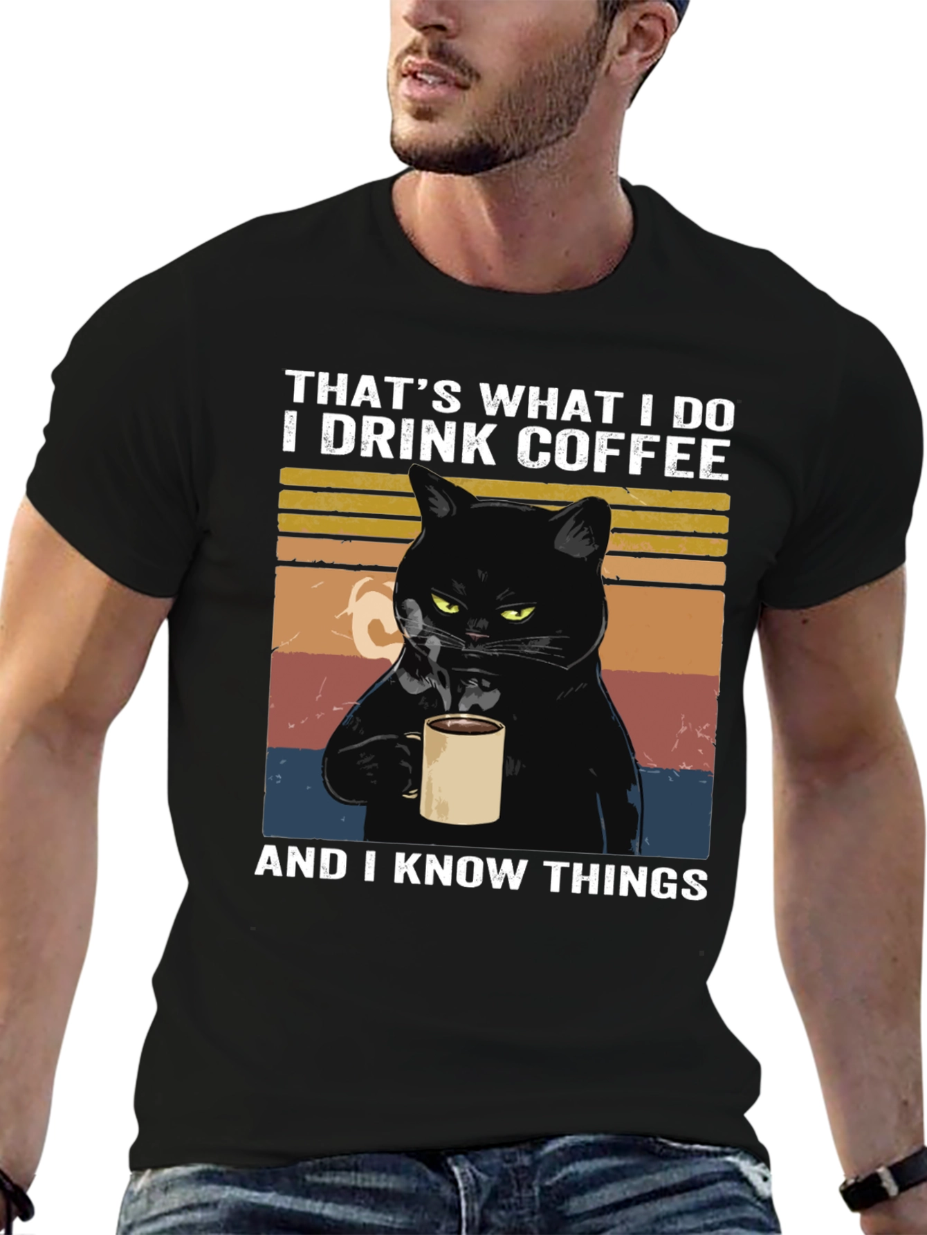 Black Coffee & Cat T-Shirt - I Drink Coffee and I Know Things view 6