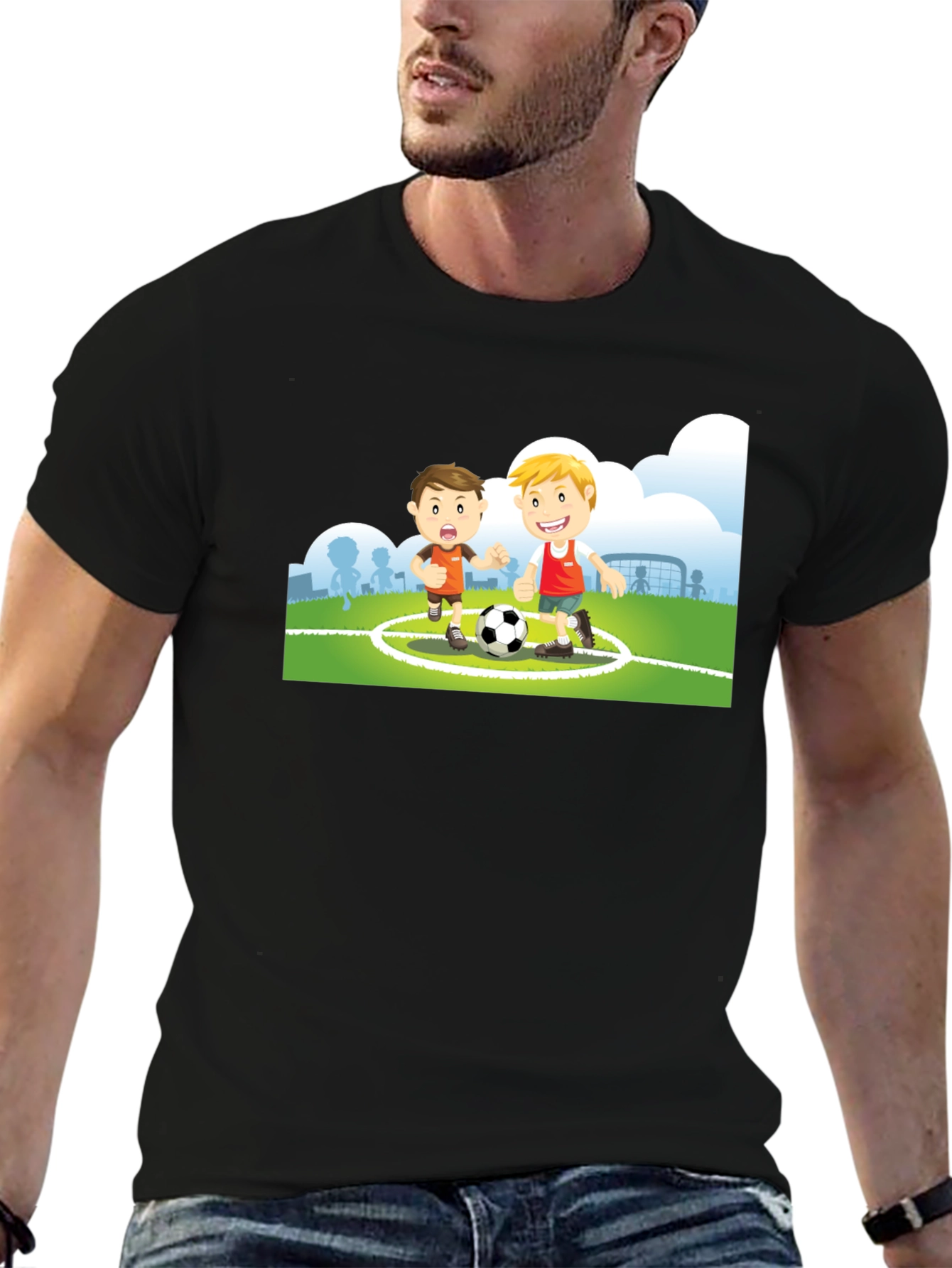 Black Cartoon Soccer Player Black T-Shirt view 6