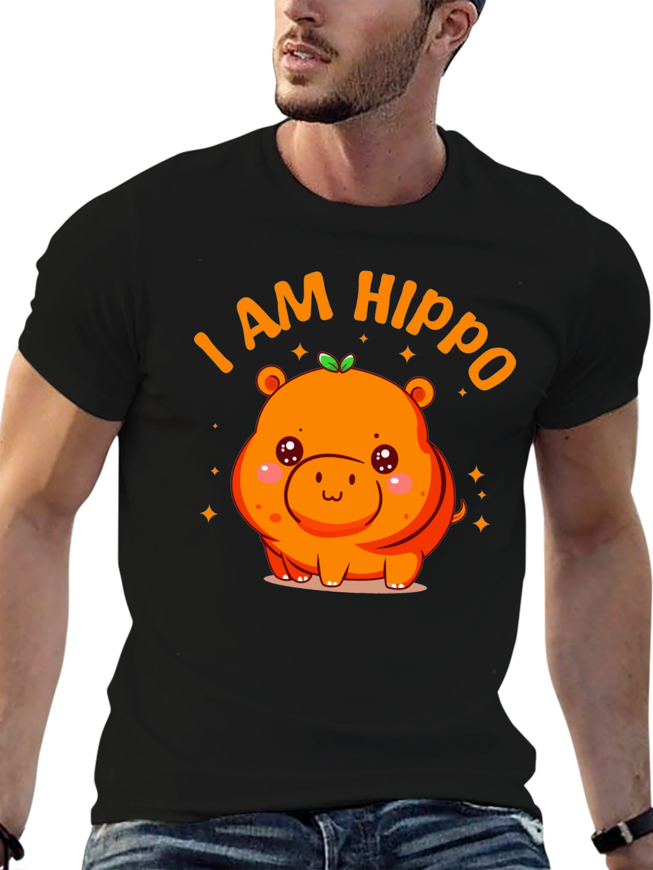 Black Cute "I AM HIPPO" Graphic Black T-Shirt view 6