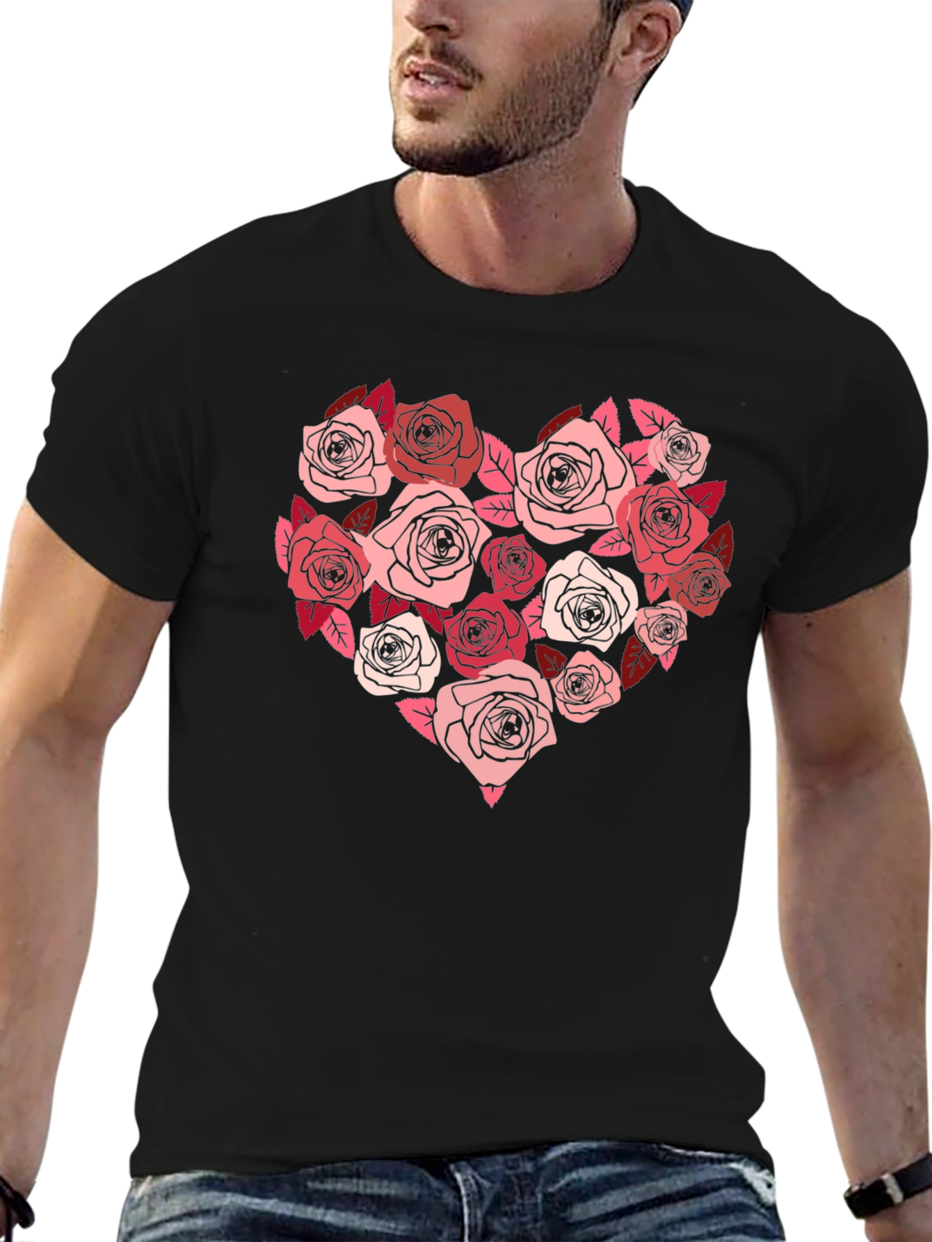 Black Floral Heart Graphic Tee - Black Casual T-Shirt view 6