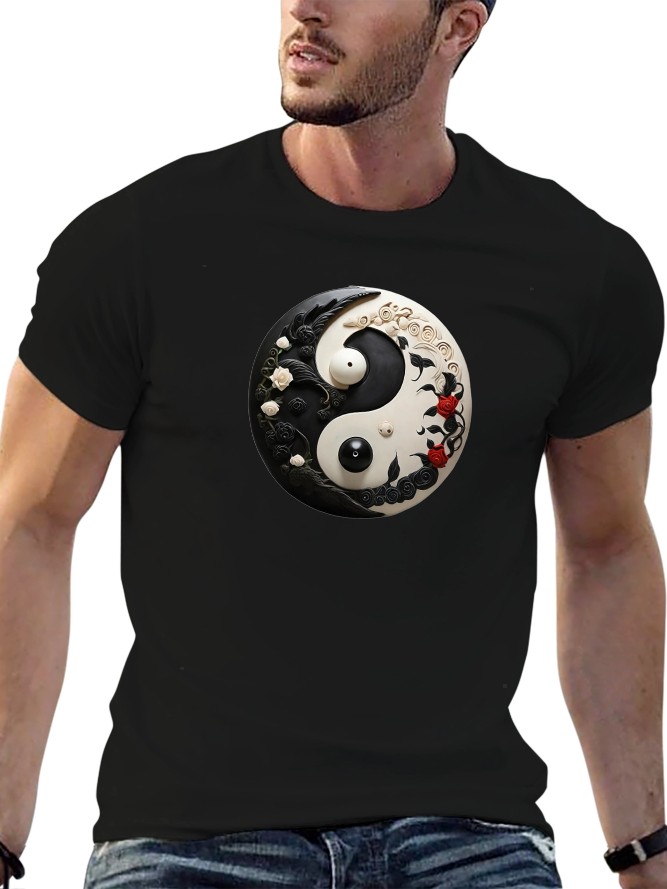 Black Yin Yang Floral Graphic Black T-Shirt view 6