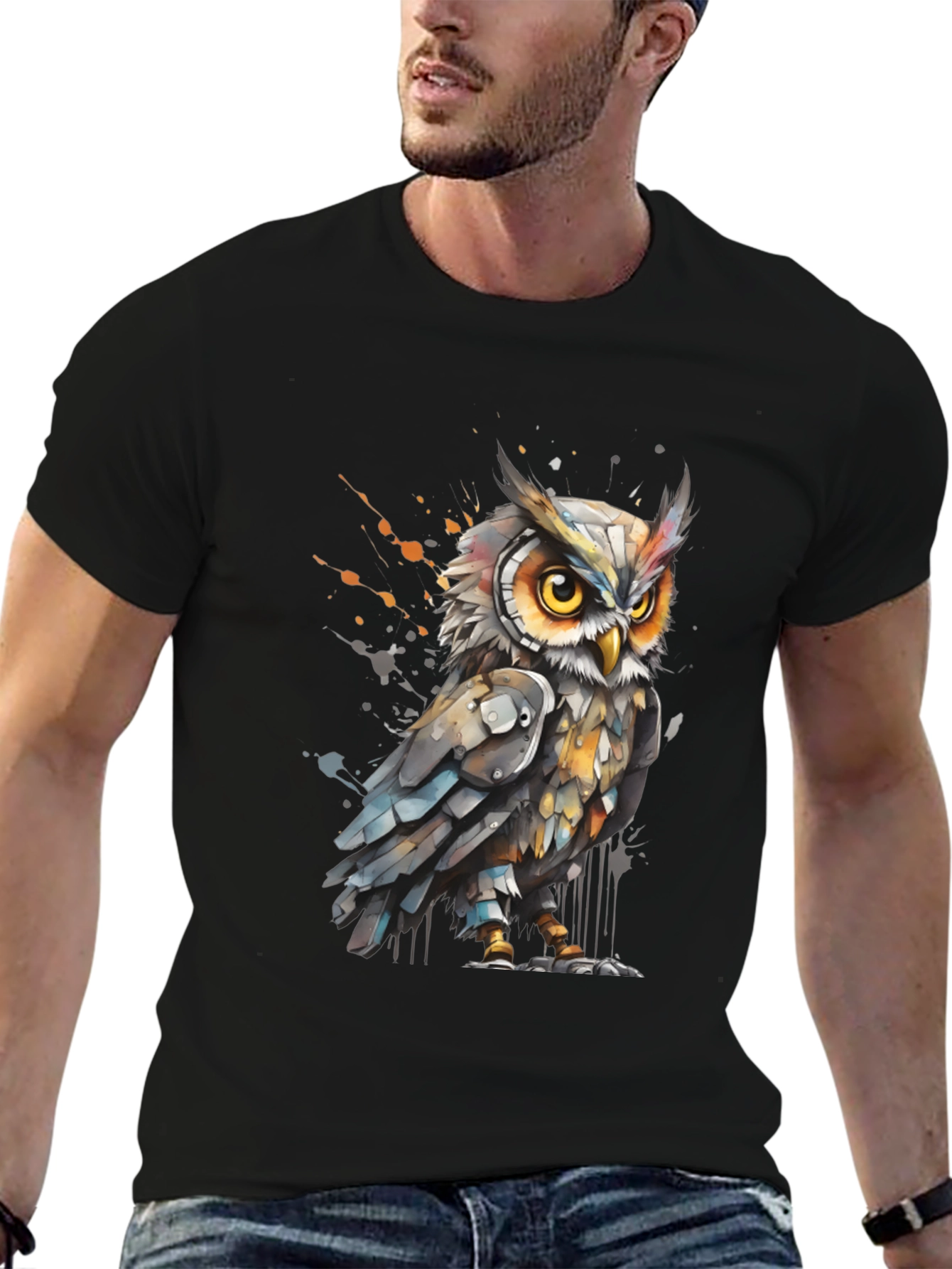 Black Artistic Owl Graphic Tee - Cool Bird T-Shirt view 6