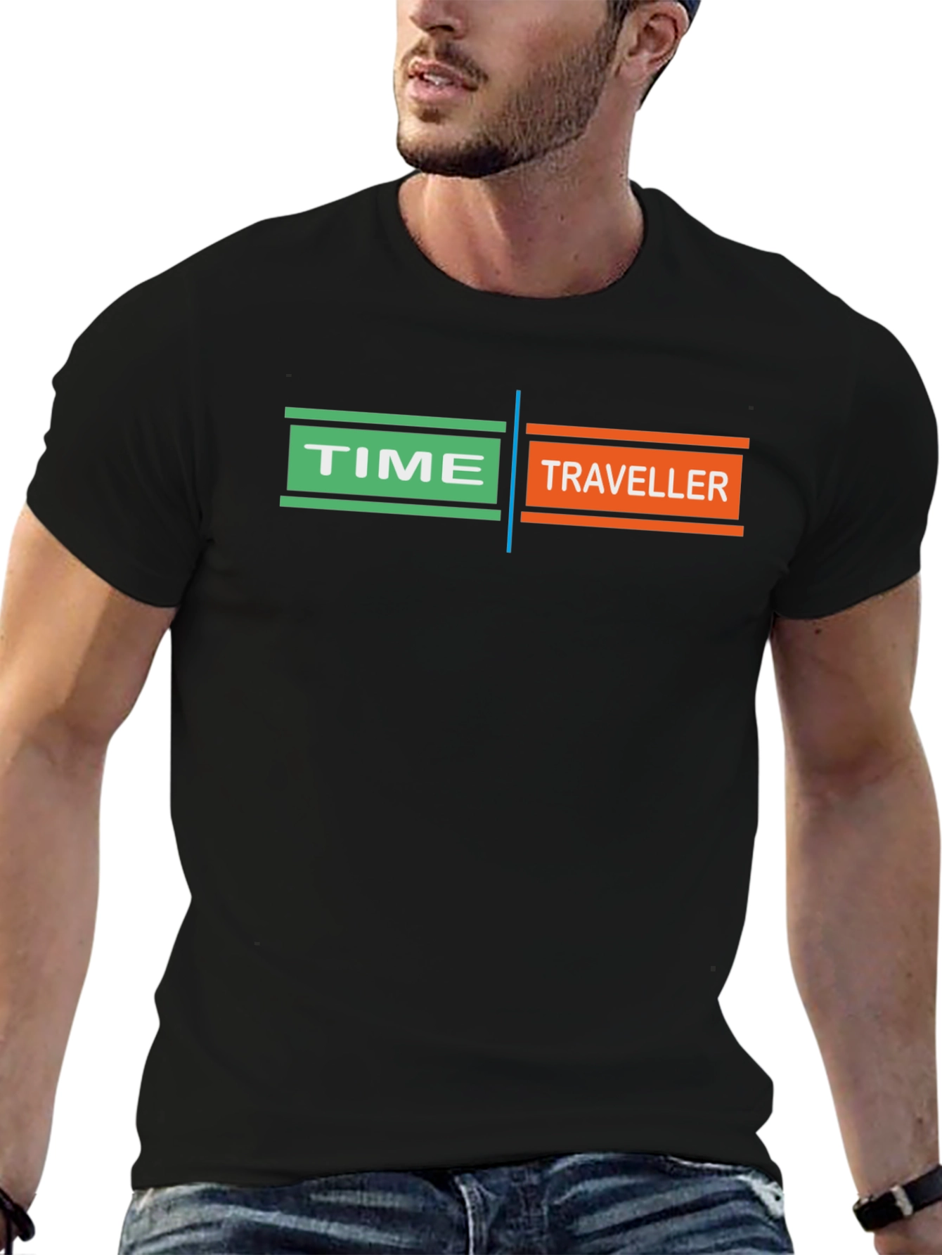 Black Time Traveler Graphic T-Shirt - Black, Unique Design view 6
