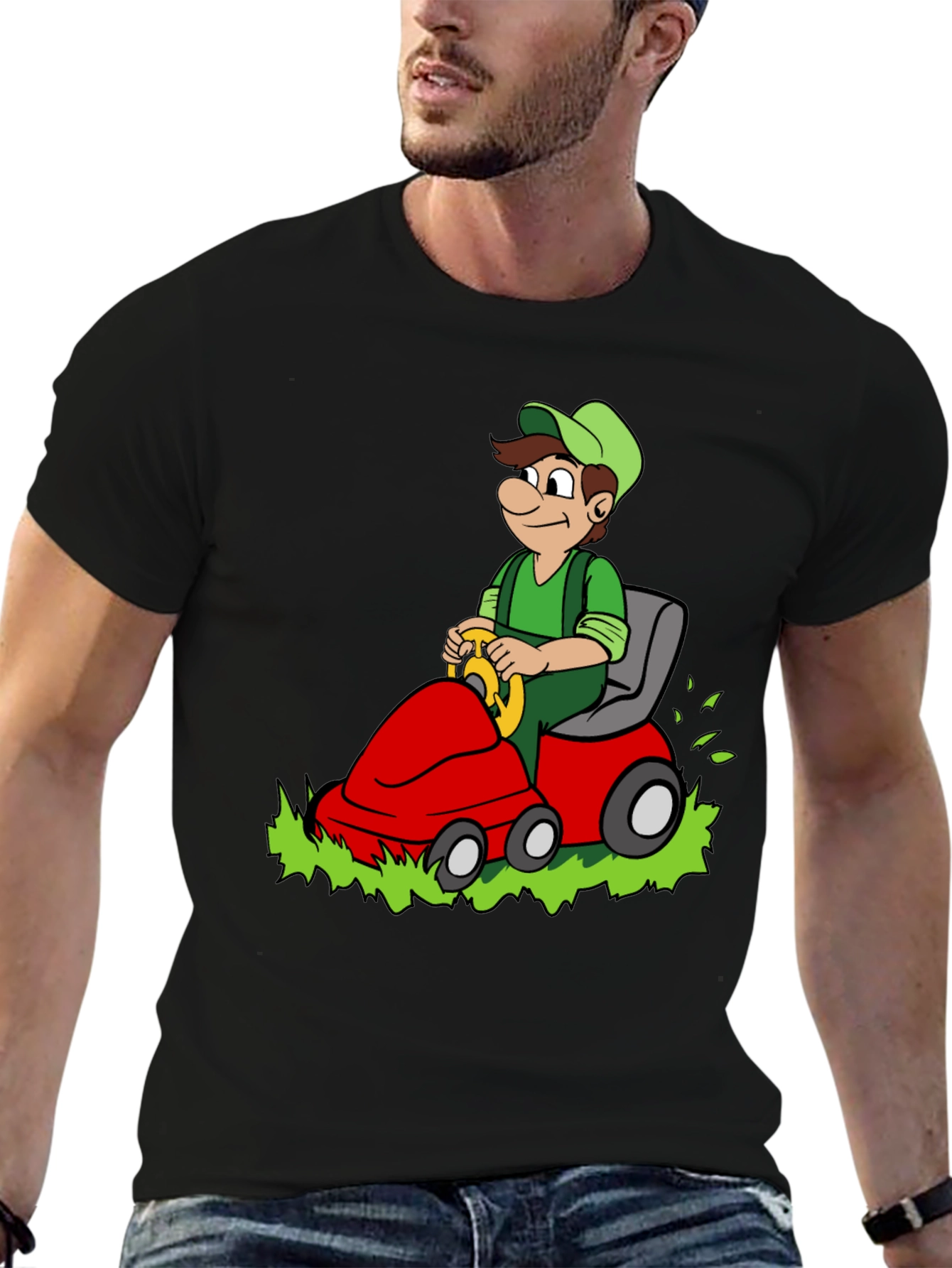 Black Luigi Riding Lawnmower Graphic T-Shirt view 6