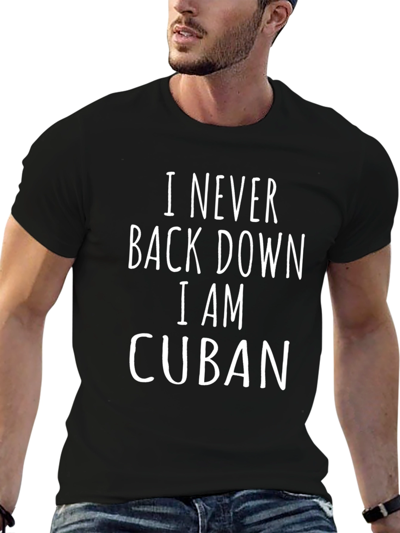 Black I Never Back Down I Am Cuban T-Shirt view 6