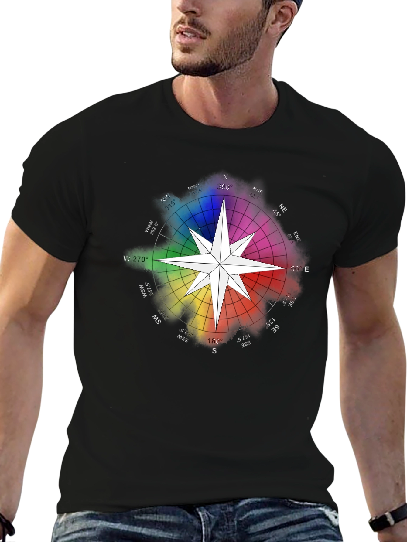 Black Rainbow Compass Star Graphic T-Shirt - Stylish Black Tee view 6