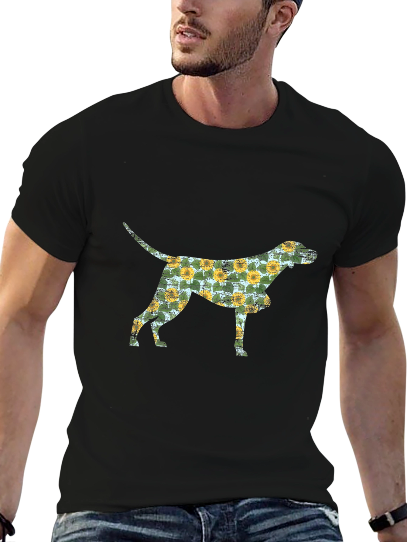 Black Floral Dog Silhouette Black T-Shirt view 6