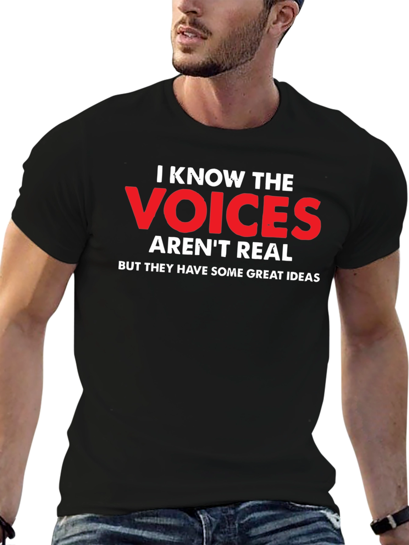 Black Funny "Voices Aren't Real" Graphic T-Shirt view 6